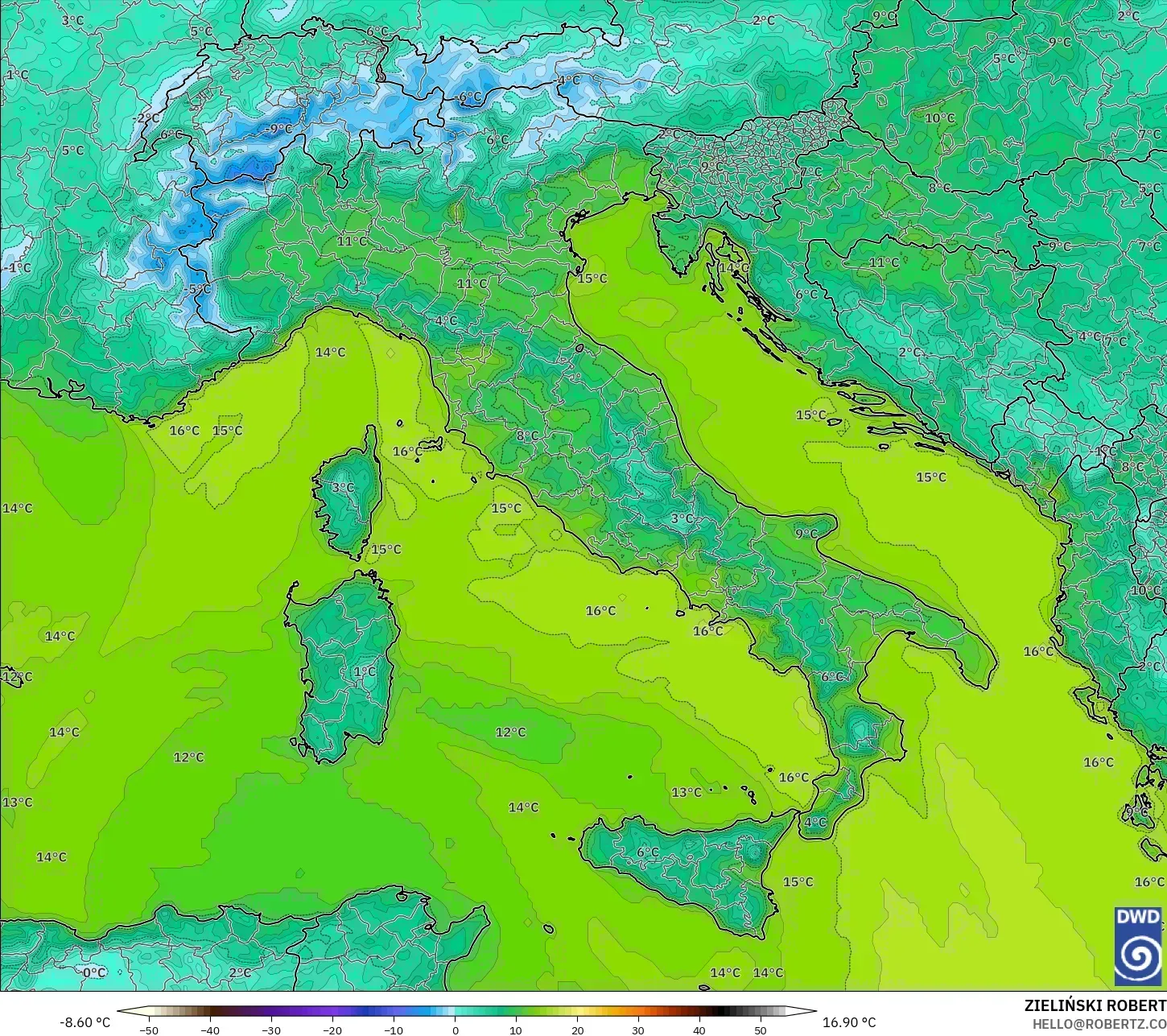 ICON modelo - Itália, Temperatura a 2 m