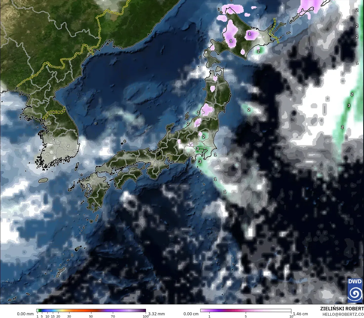 ICON modelo - Japão, Precipitação, nuvens e pressão
