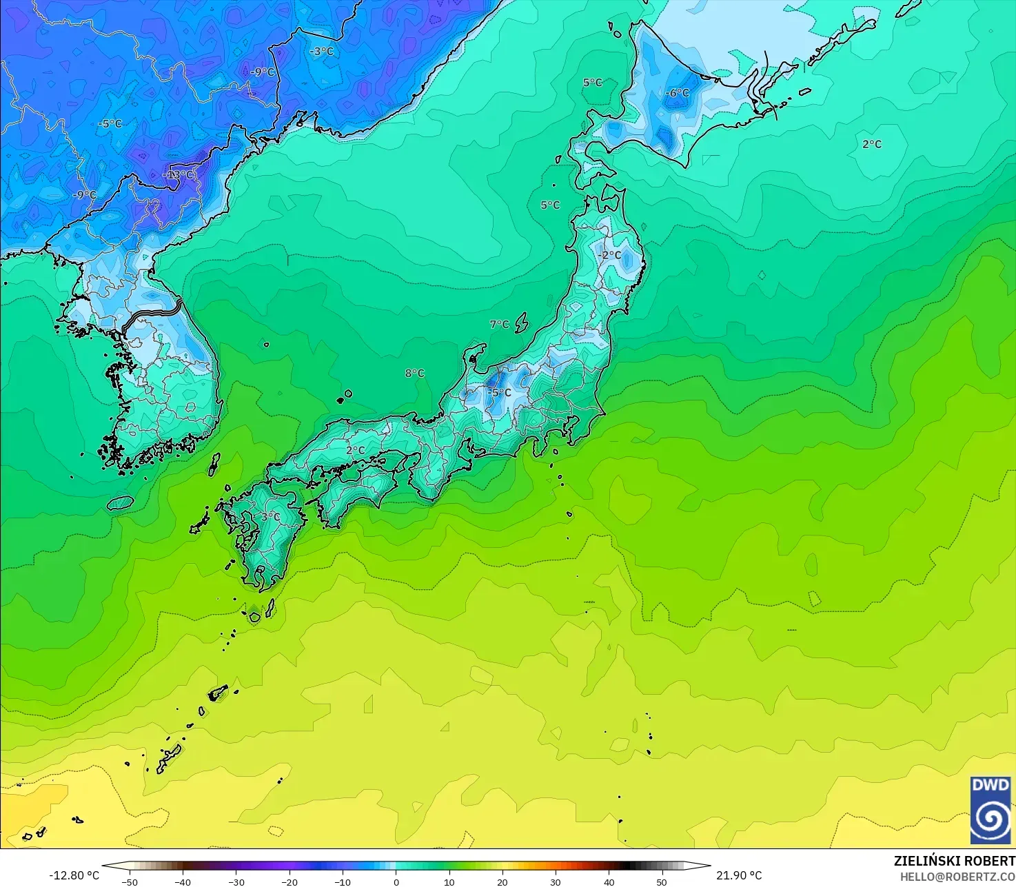 ICON modelo - Japão, Temperatura a 2 m