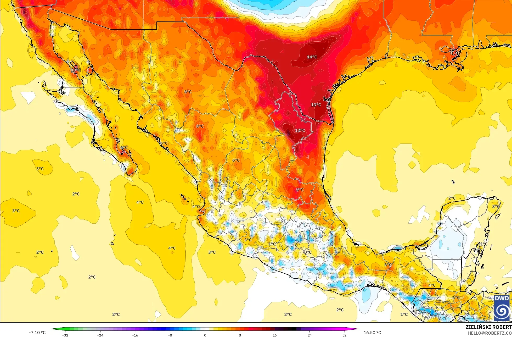 ICON modelo - México, Anomalia de temperatura a 2 m