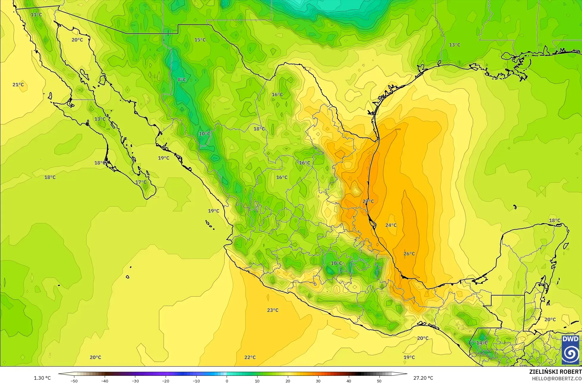 ICON modelo - México, Temperatura a 850 hPa