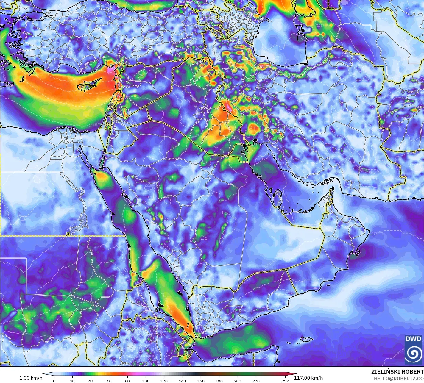 ICON modelo - Oriente Médio, Rajadas de Vento Máximas