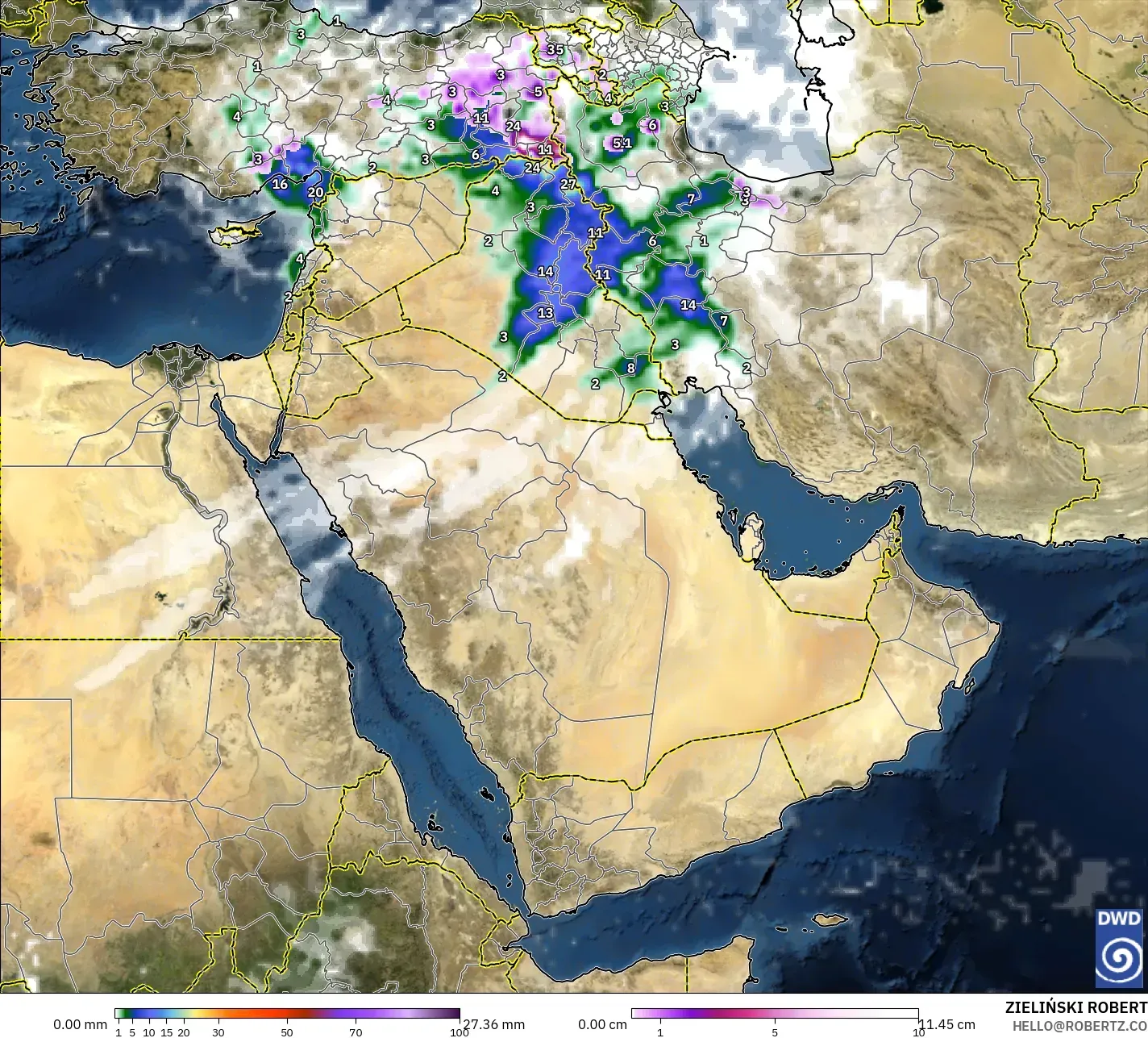 ICON modelo - Oriente Médio, Precipitação, nuvens e pressão