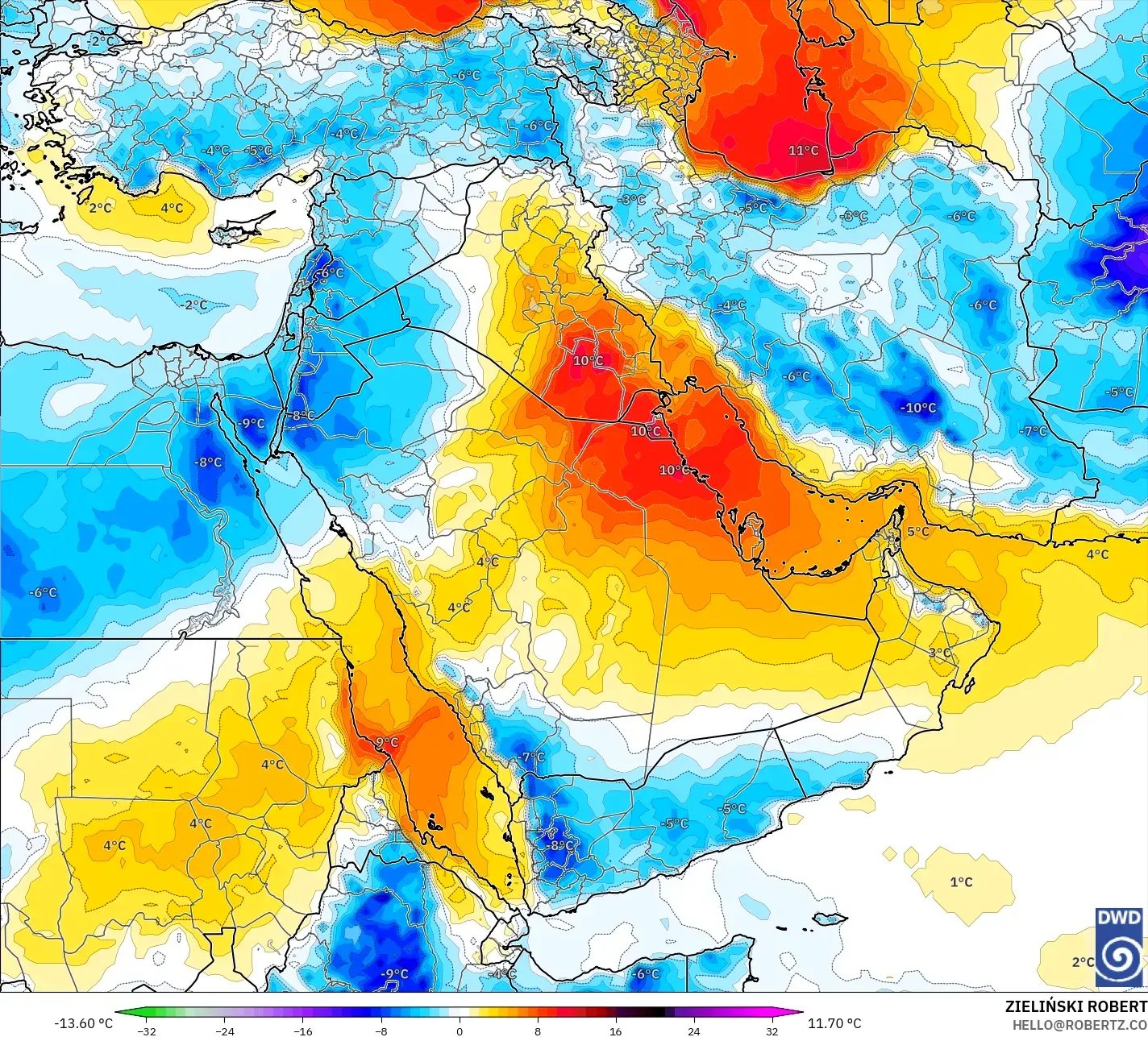 ICON modelo - Oriente Médio, Anomalia de temperatura a 850 hPa