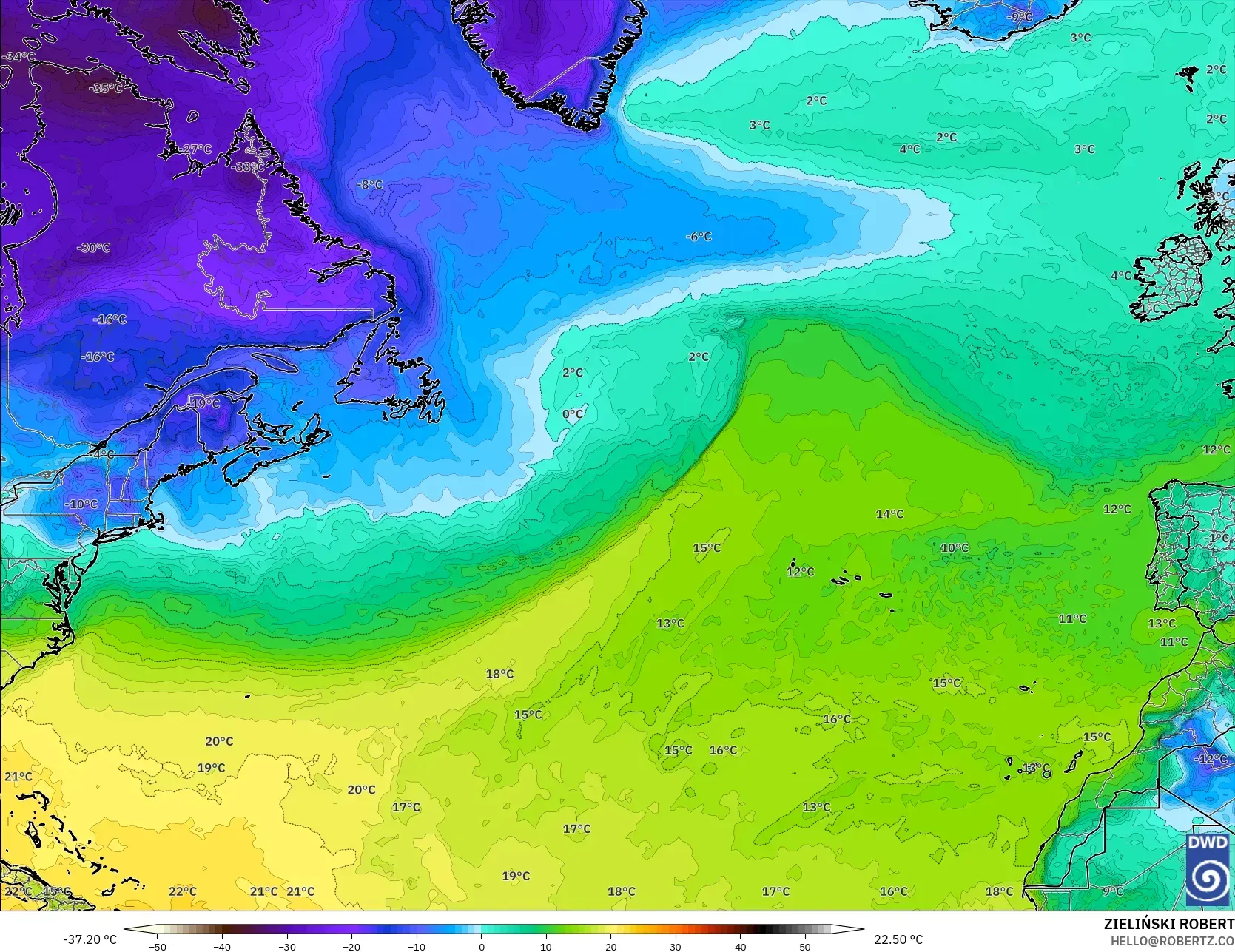 ICON modelo - Atlântico Norte, Ponto de orvalho a 2 m