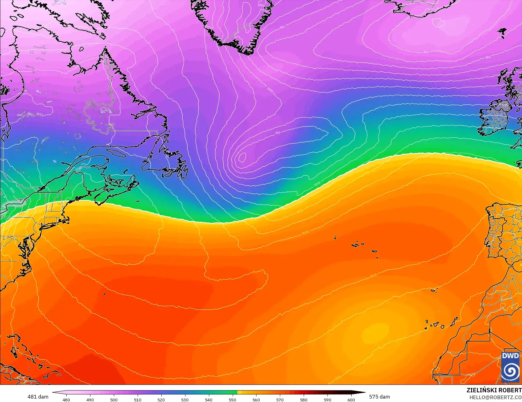 ICON modelo - Atlântico Norte, Altura geopotencial a 500 hPa