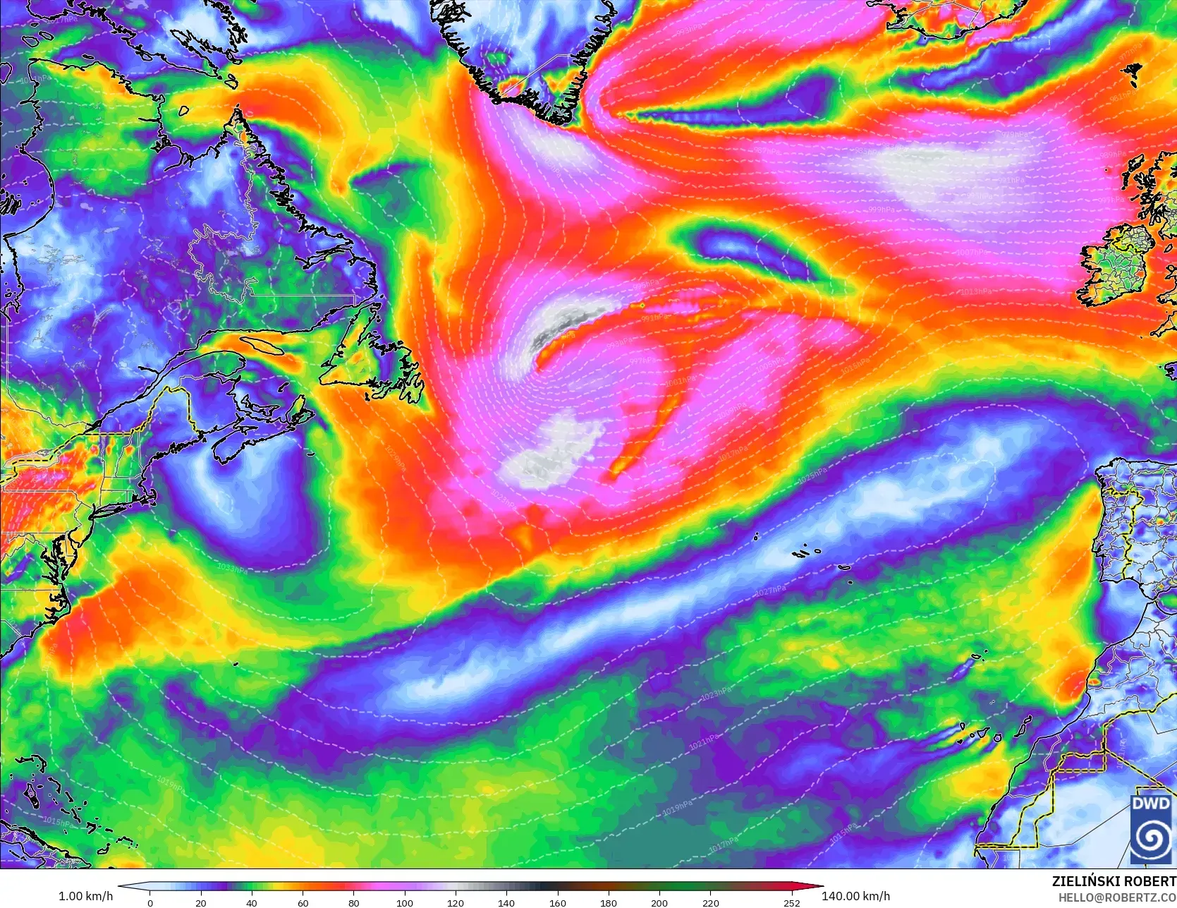 ICON modelo - Atlântico Norte, Rajadas de Vento Máximas