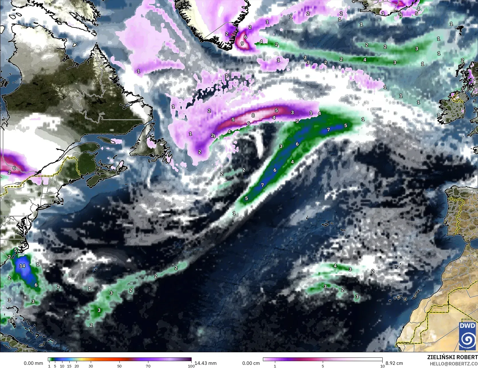 ICON modelo - Atlântico Norte, Precipitação, nuvens e pressão