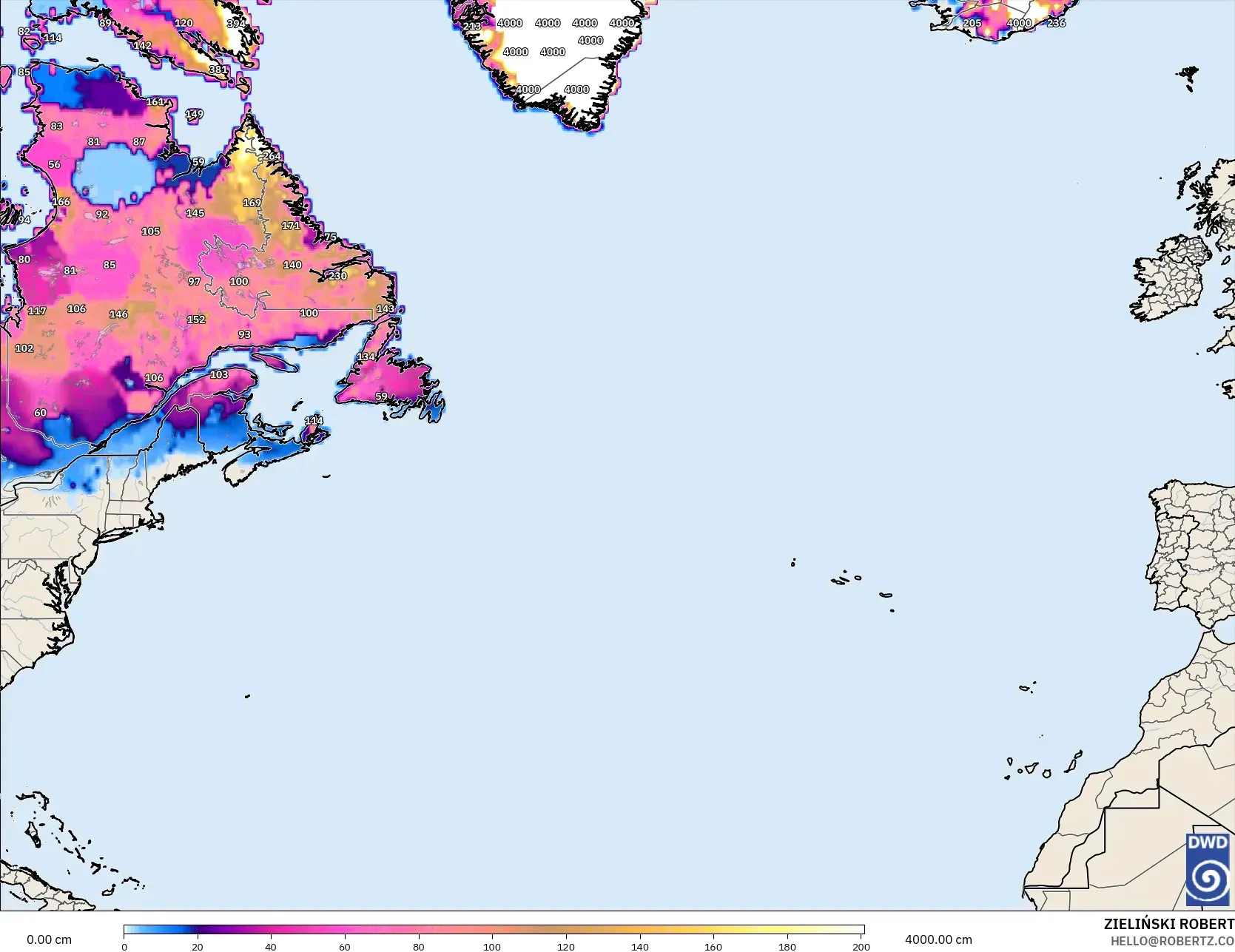 ICON modelo - Atlântico Norte, Profundidade da neve