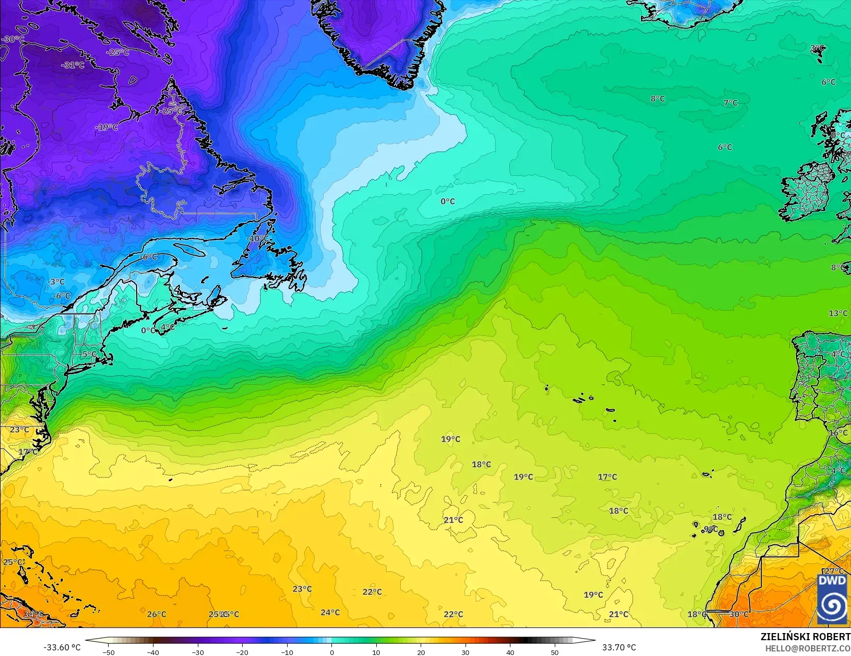 ICON modelo - Atlântico Norte, Temperatura a 2 m