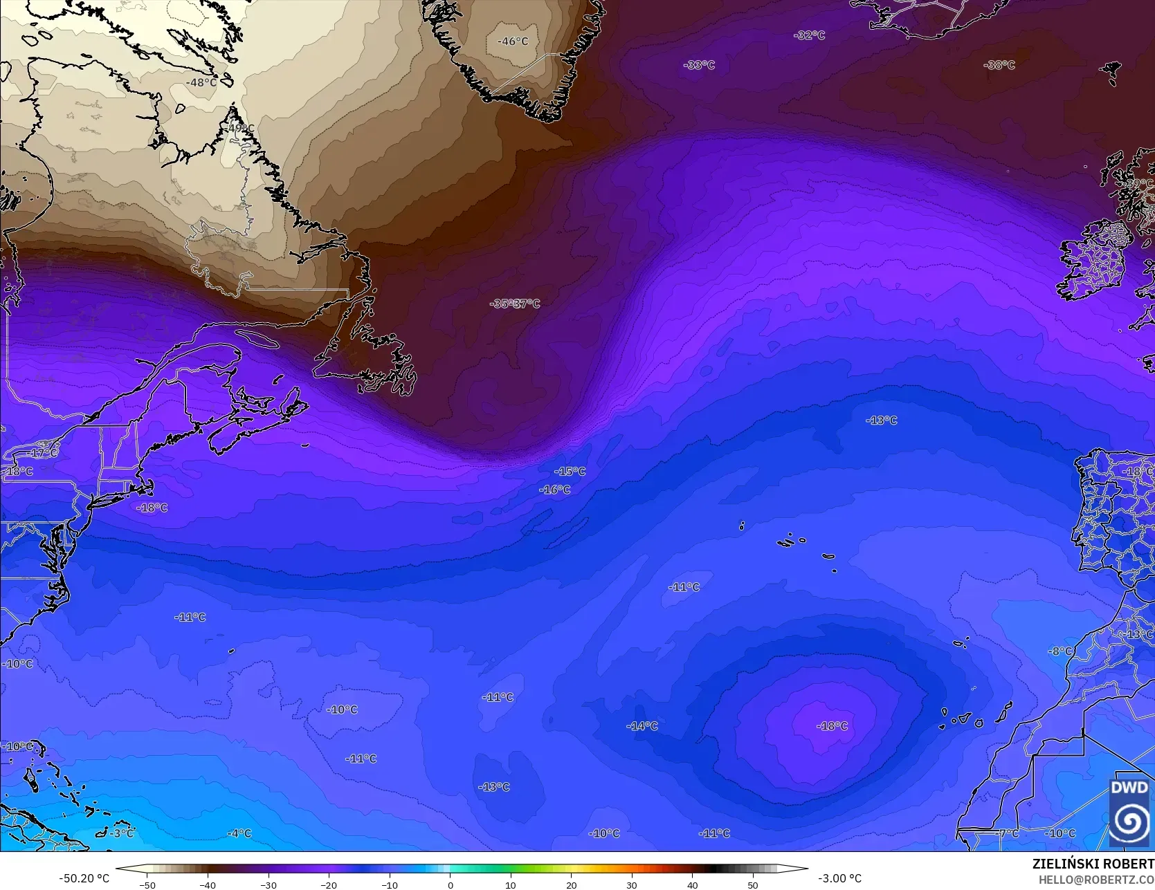 ICON modelo - Atlântico Norte, Temperatura a 500 hPa