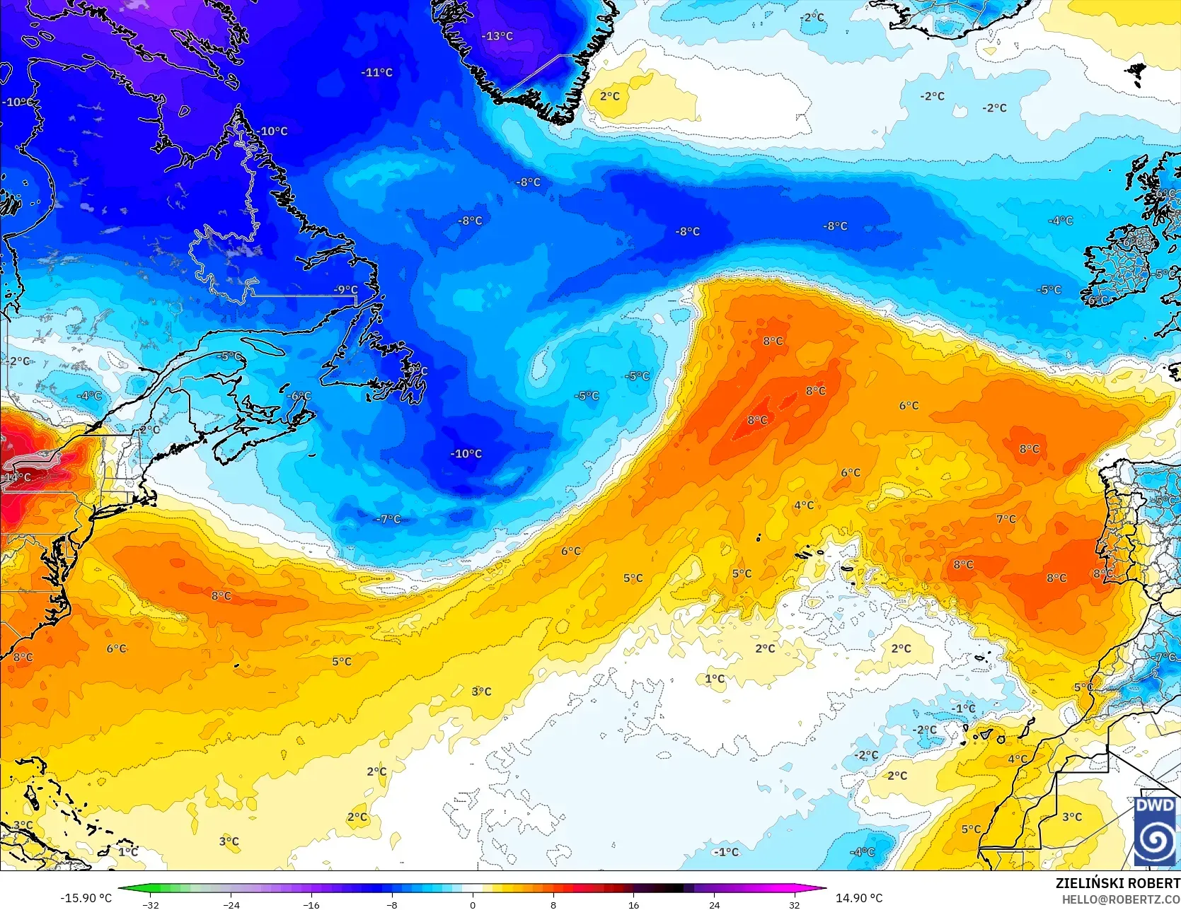 ICON modelo - Atlântico Norte, Anomalia de temperatura a 850 hPa