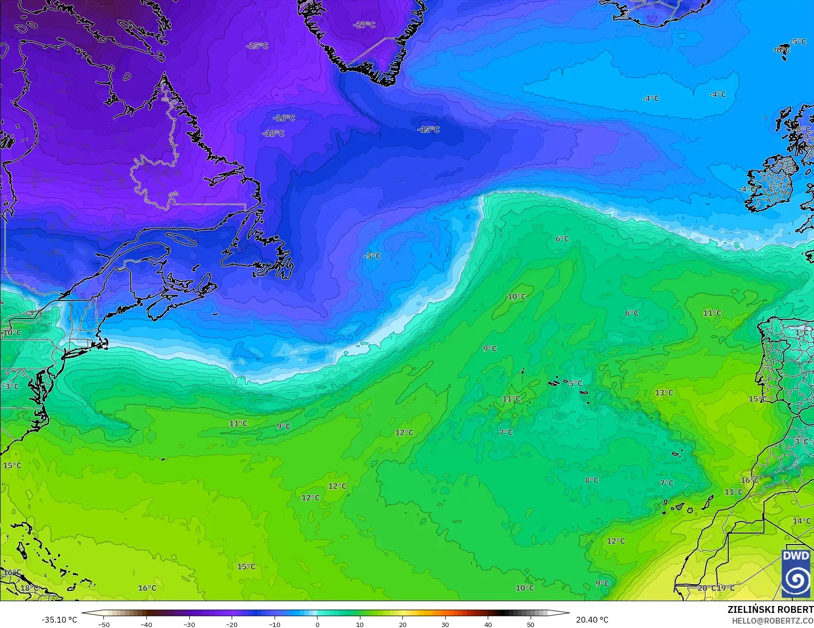 ICON modelo - Atlântico Norte, Temperatura a 850 hPa