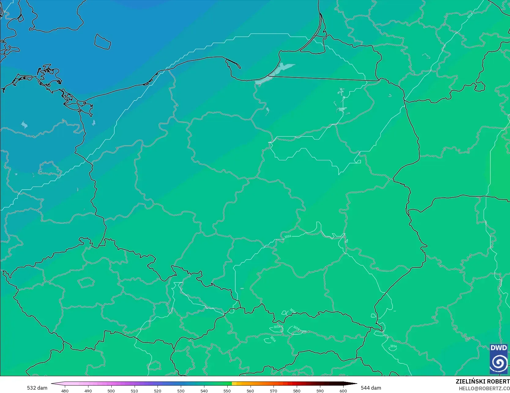 ICON modelo - Polônia, Altura geopotencial a 500 hPa