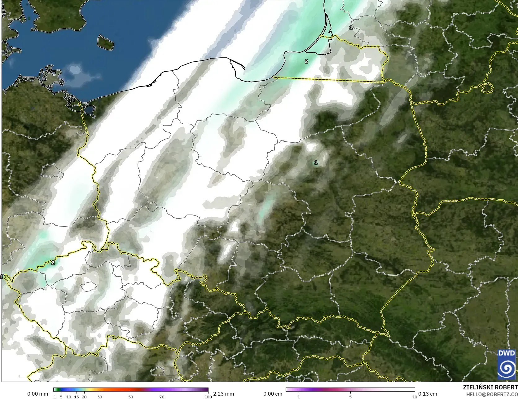 ICON modelo - Polônia, Precipitação, nuvens e pressão