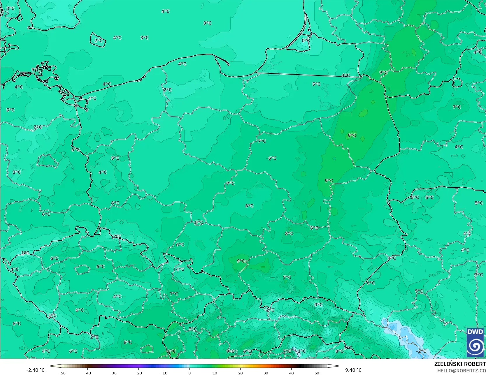 ICON modelo - Polônia, Temperatura a 2 m