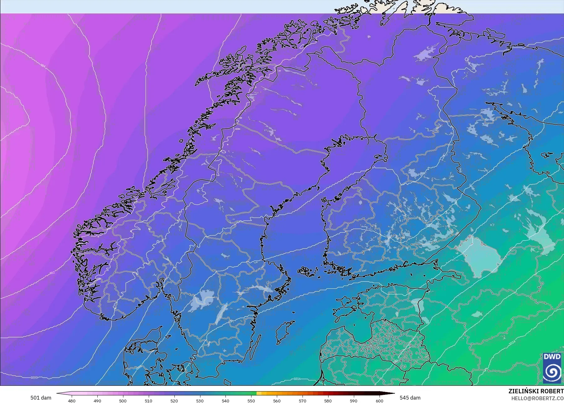ICON modelo - Escandinávia, Altura geopotencial a 500 hPa