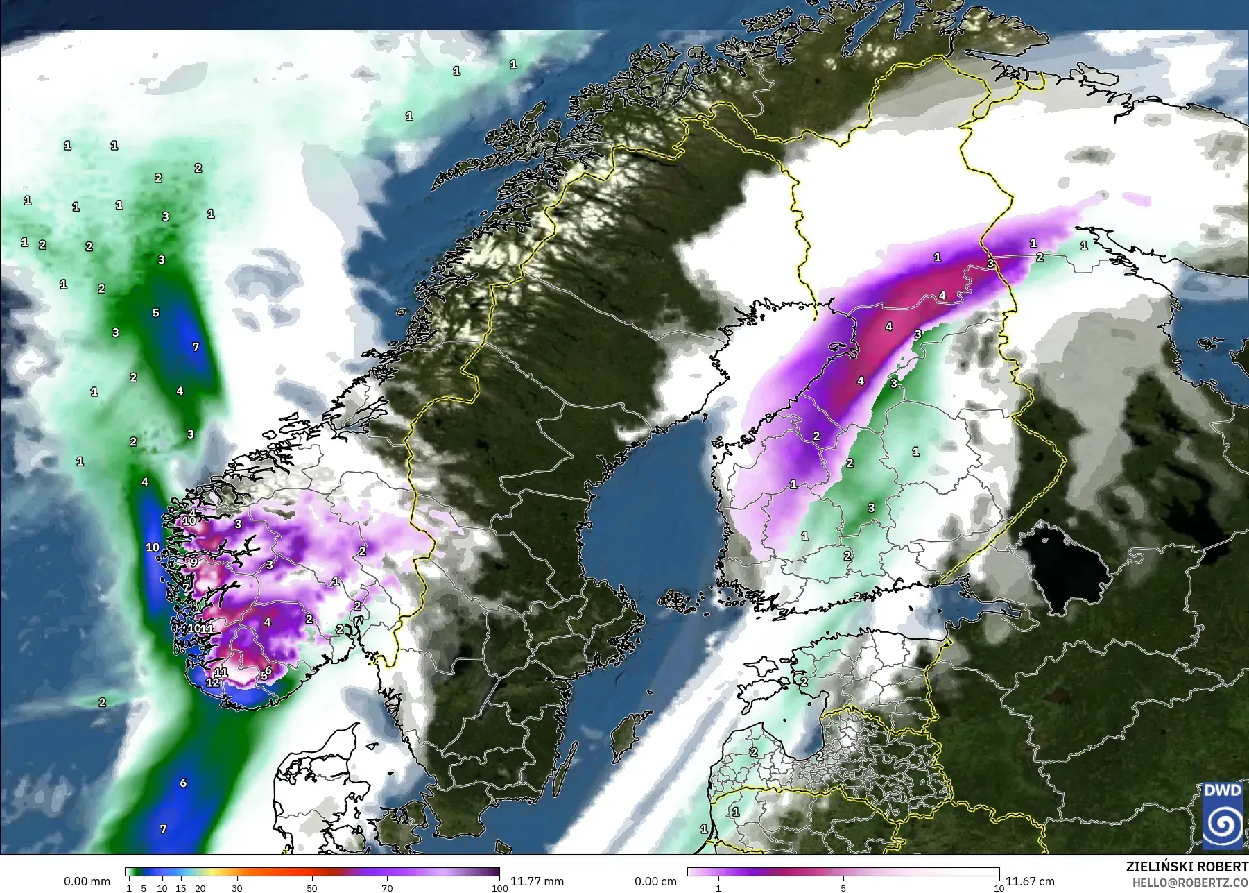 ICON modelo - Escandinávia, Precipitação, nuvens e pressão