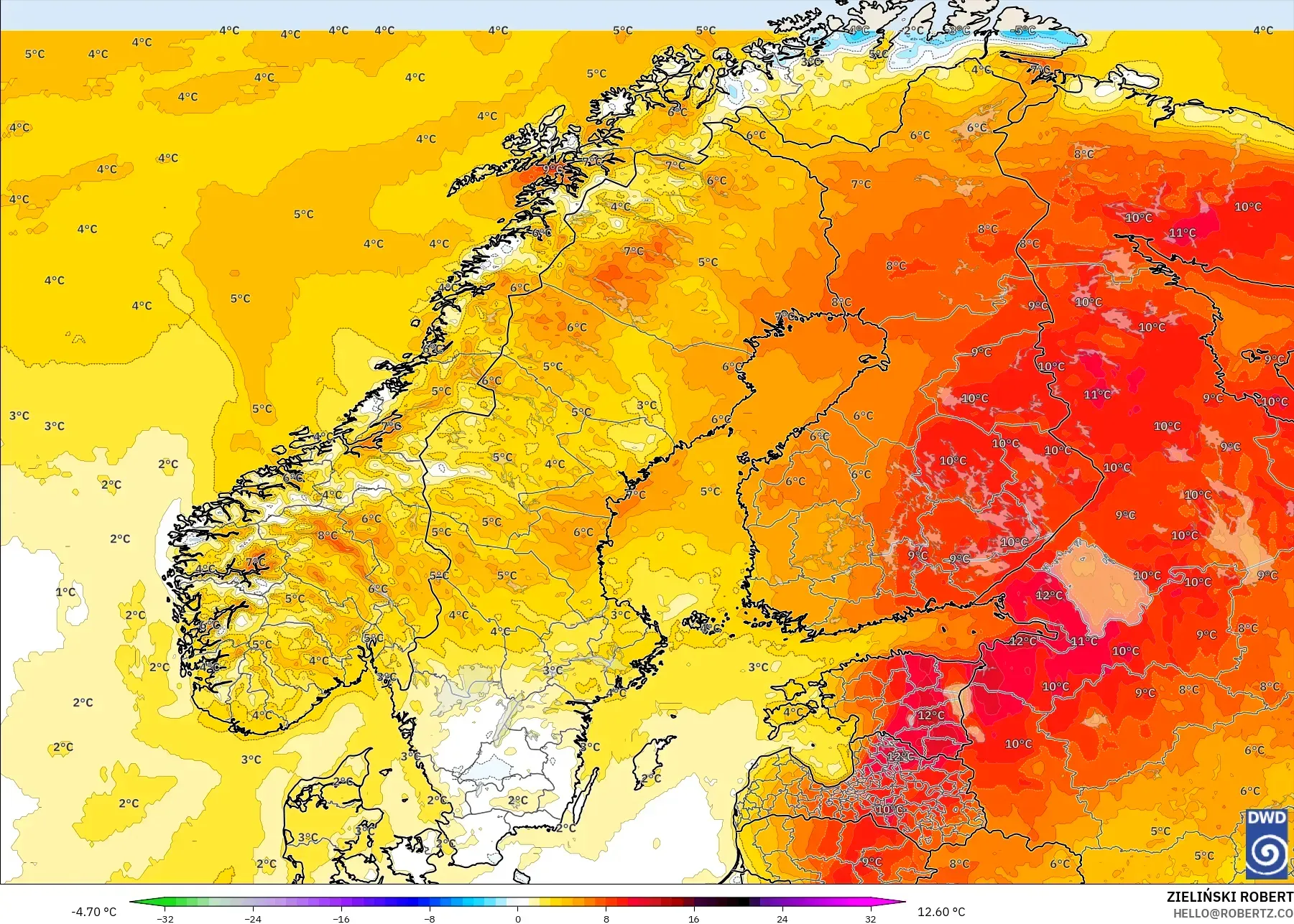 ICON modelo - Escandinávia, Anomalia de temperatura a 2 m
