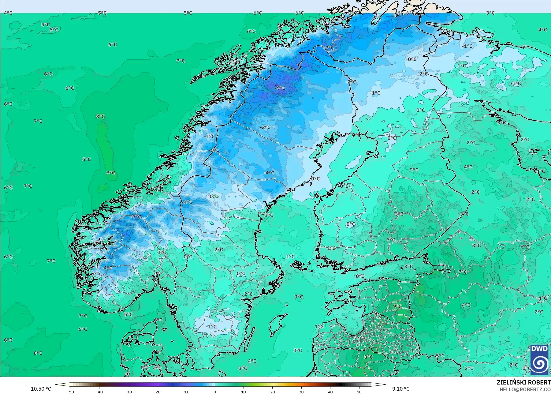 ICON modelo - Escandinávia, Temperatura a 2 m