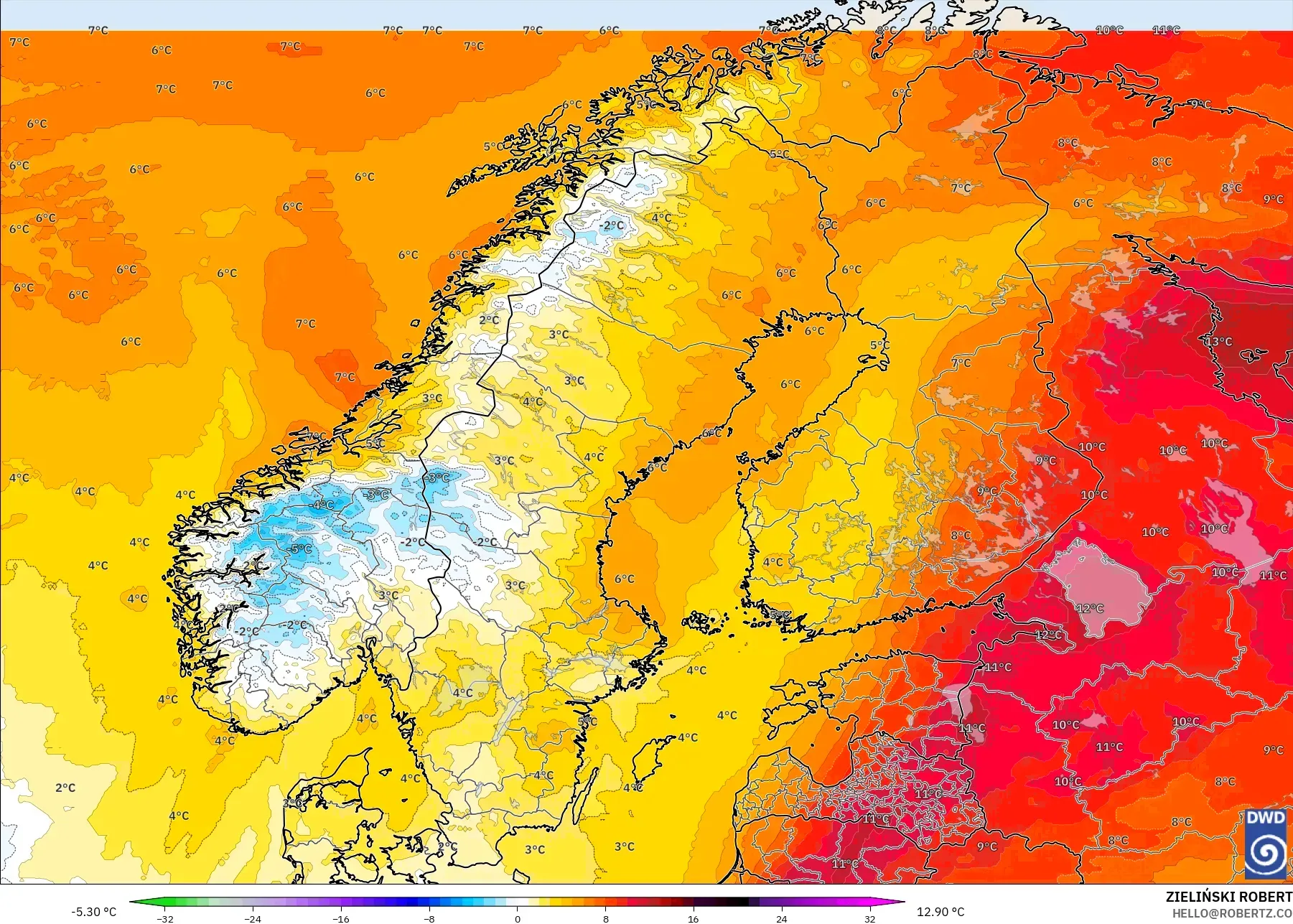 ICON modelo - Escandinávia, Anomalia de temperatura a 850 hPa