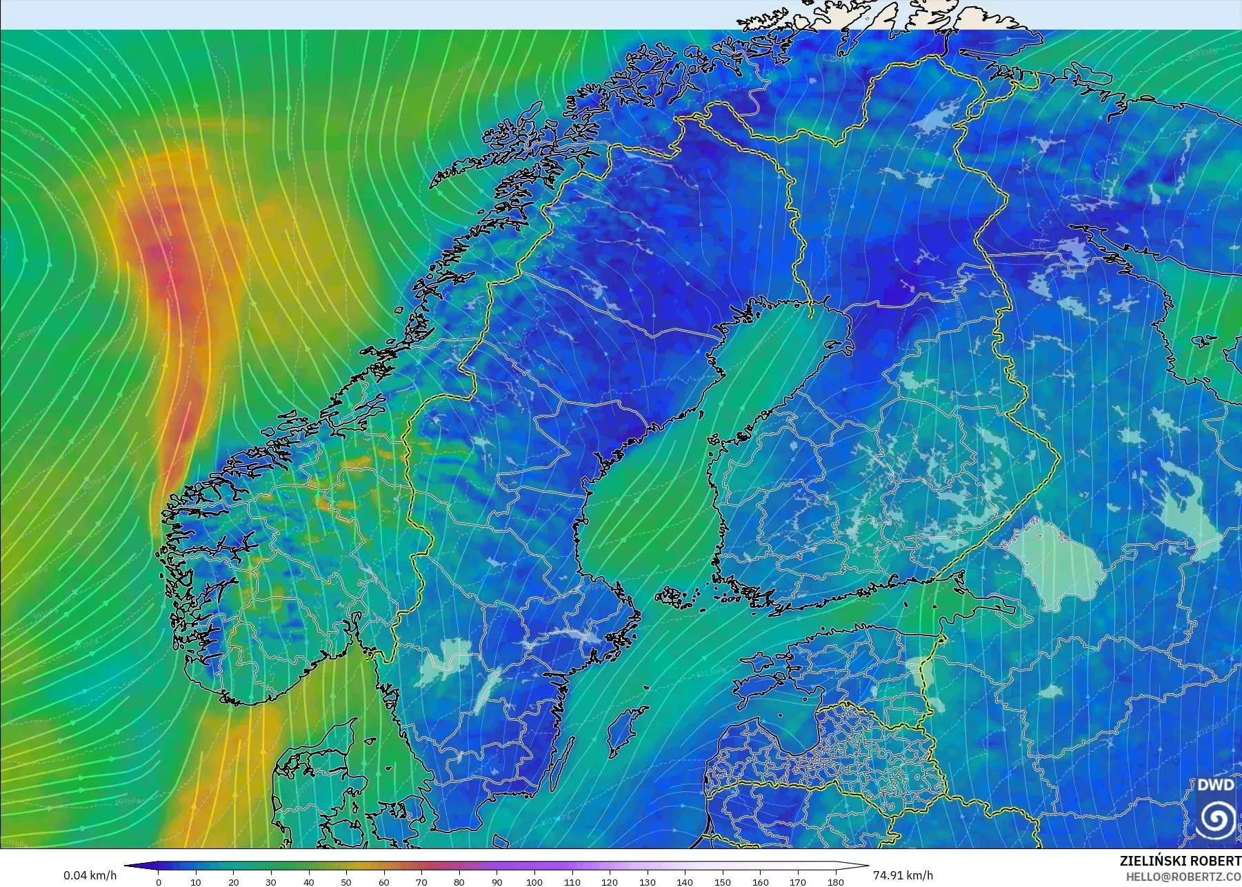 ICON modelo - Escandinávia, Vento a 10 m