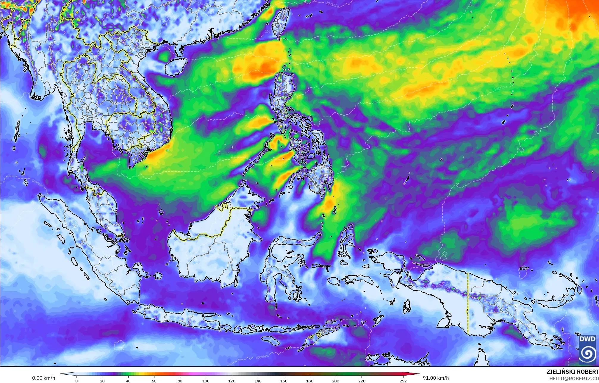 ICON modelo - Sudeste Asiático, Rajadas de Vento Máximas