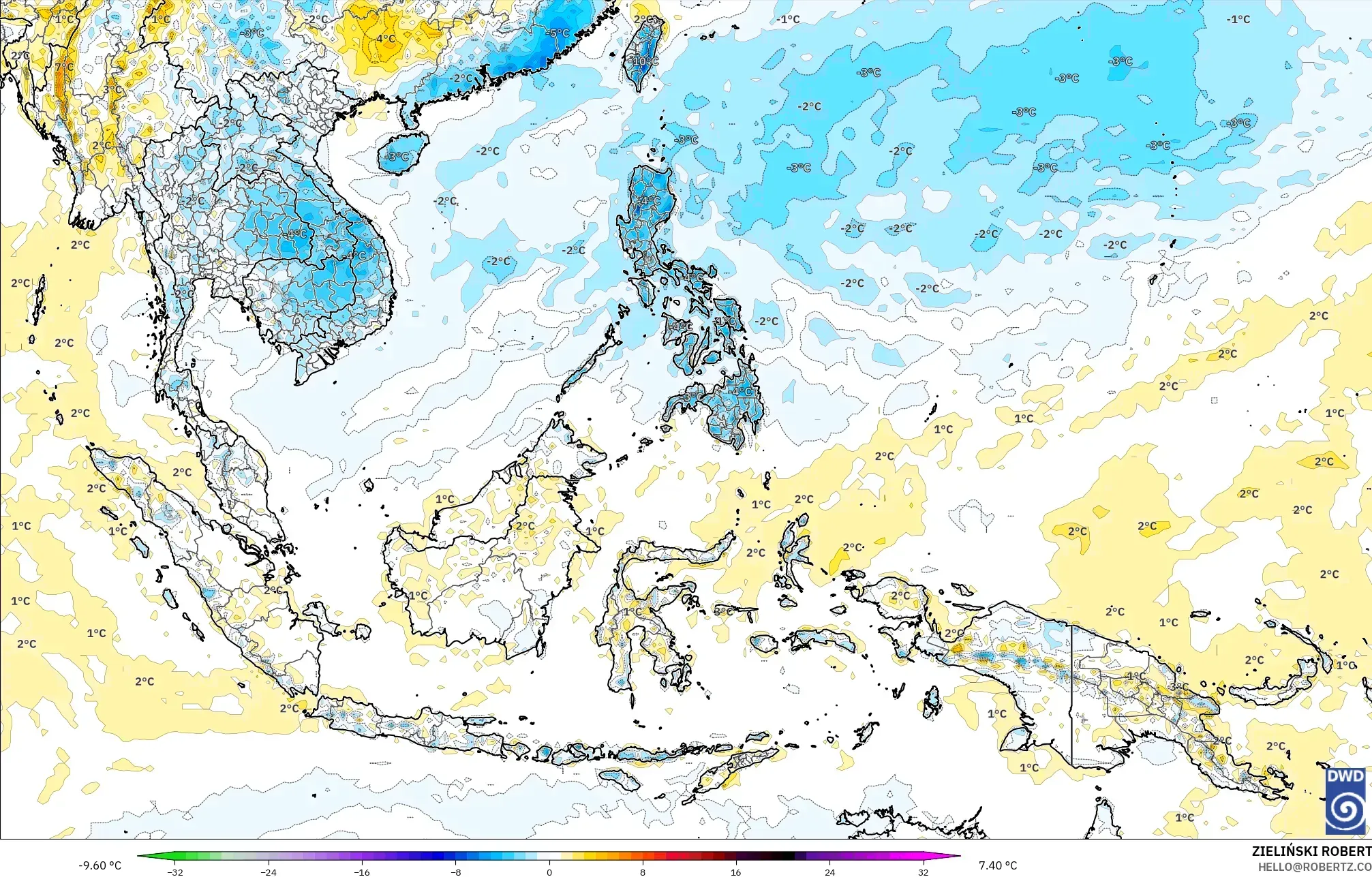 ICON modelo - Sudeste Asiático, Anomalia de temperatura a 2 m