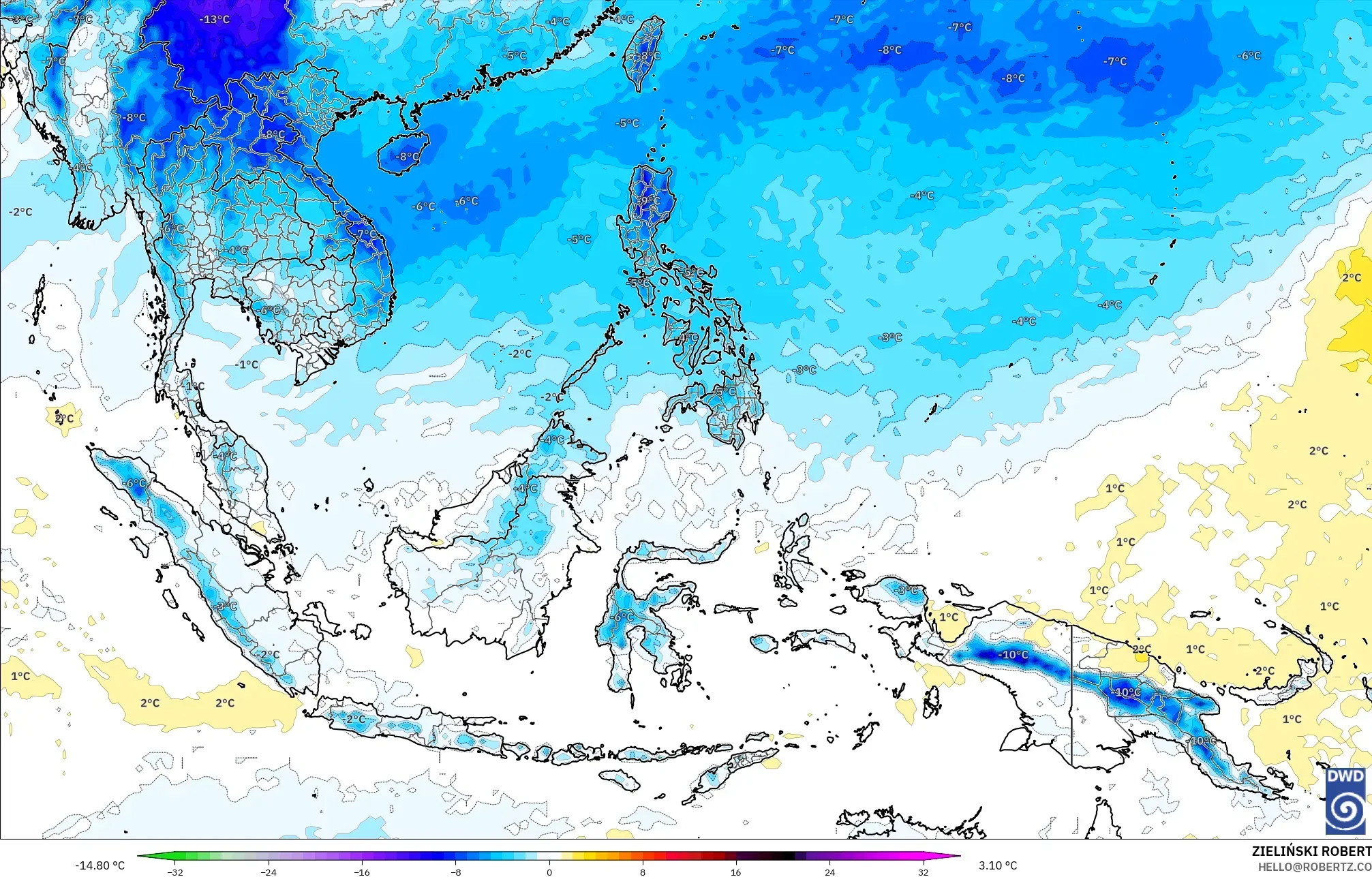 ICON modelo - Sudeste Asiático, Anomalia de temperatura a 850 hPa