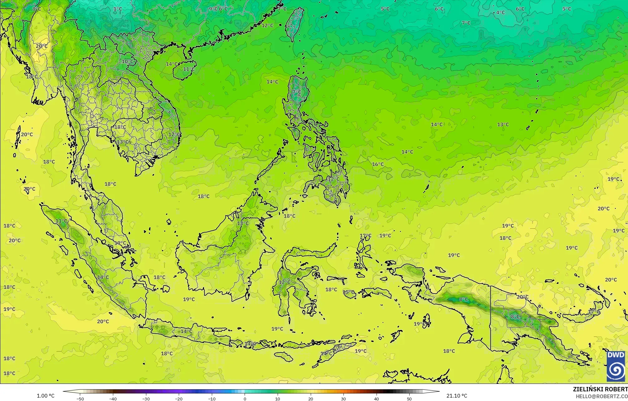 ICON modelo - Sudeste Asiático, Temperatura a 850 hPa
