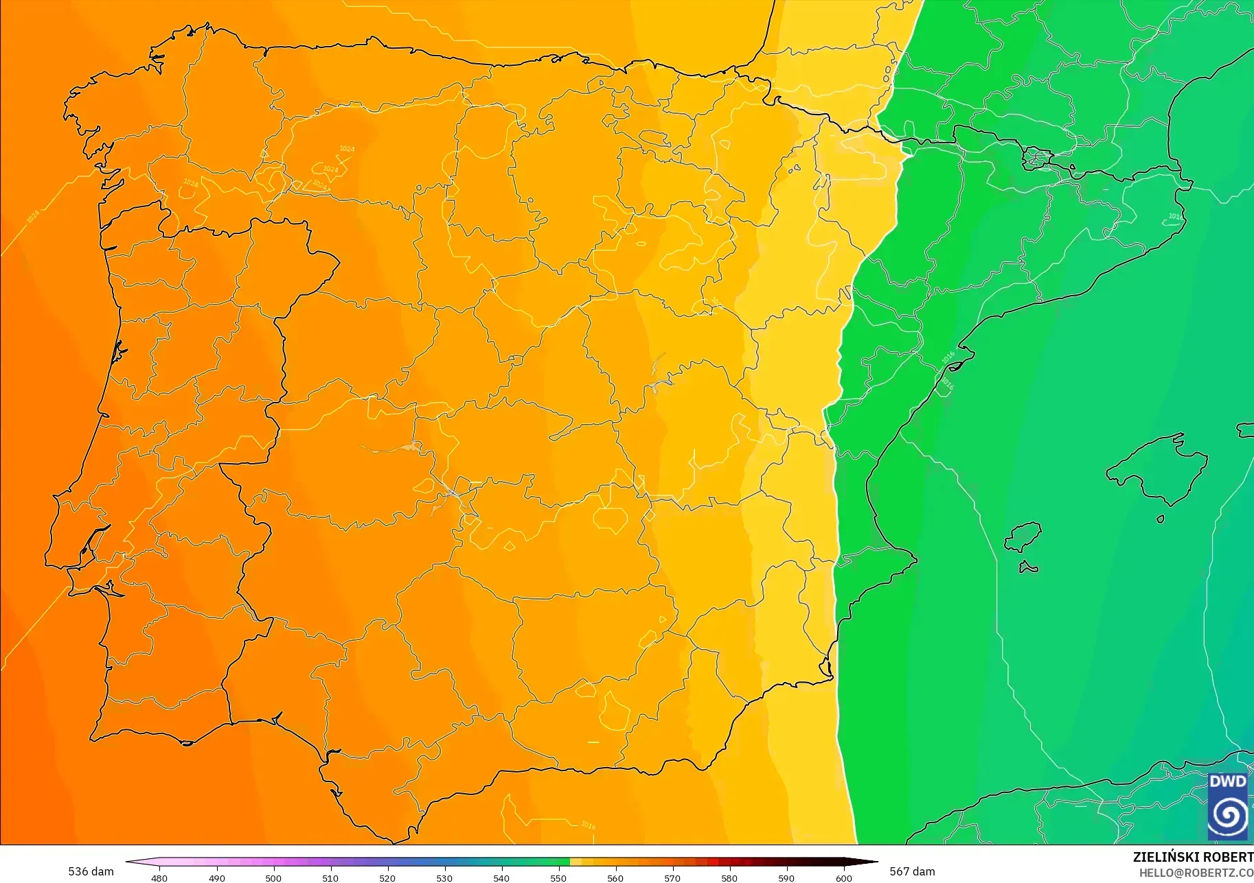 ICON modelo - Espanha, Altura geopotencial a 500 hPa