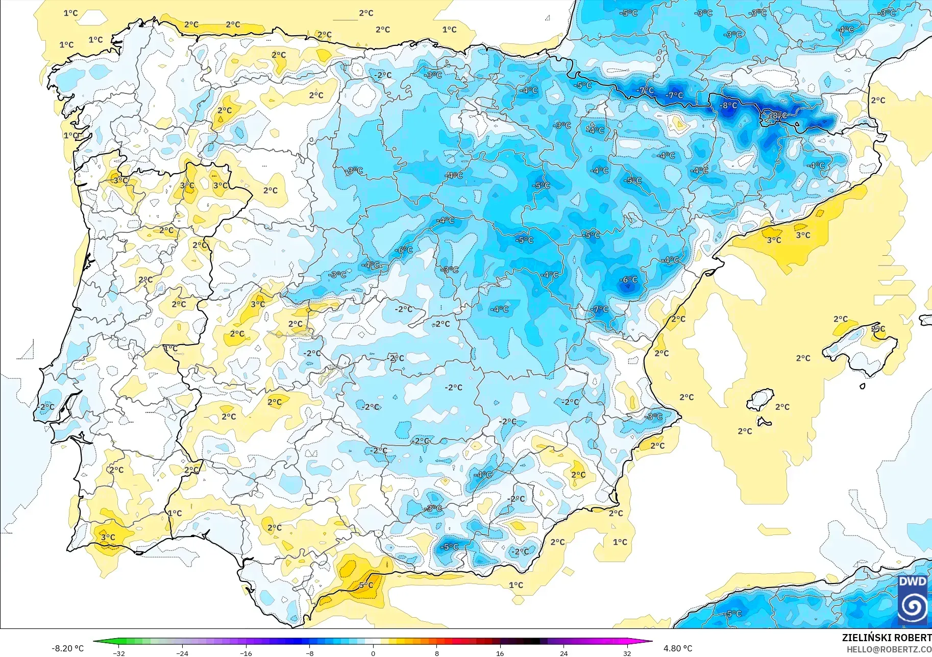 ICON modelo - Espanha, Anomalia de temperatura a 2 m