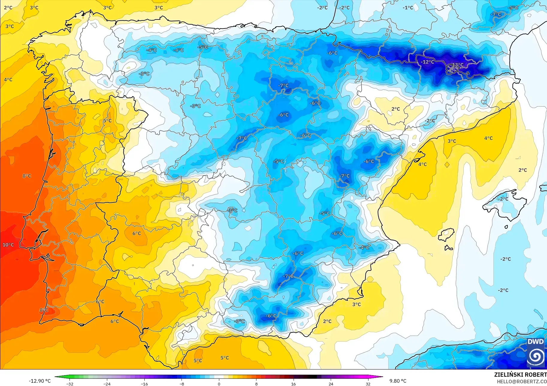 ICON modelo - Espanha, Anomalia de temperatura a 850 hPa