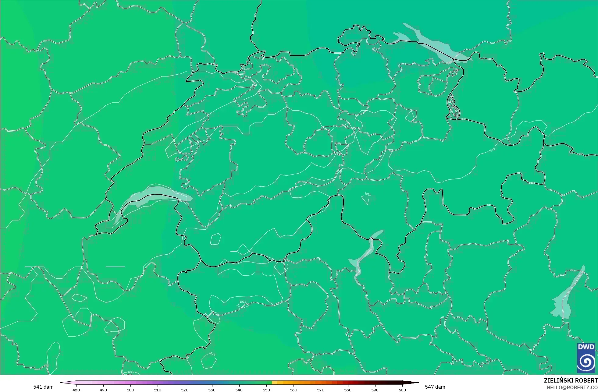 ICON modelo - Suíça, Altura geopotencial a 500 hPa