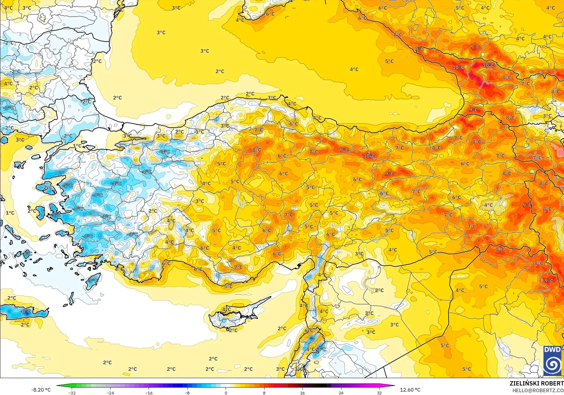 ICON modelo - Turquia, Anomalia de temperatura a 2 m