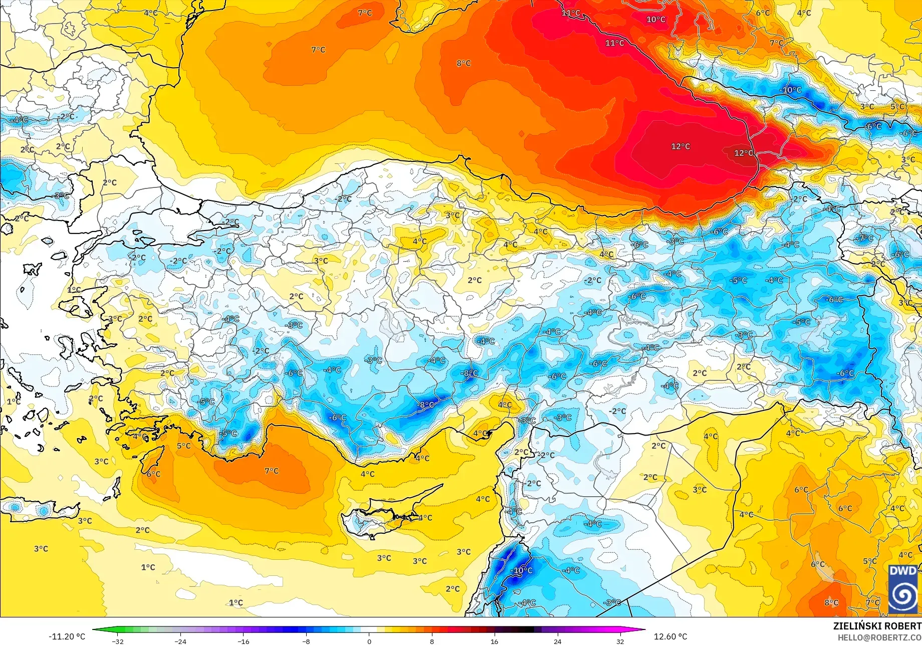 ICON modelo - Turquia, Anomalia de temperatura a 850 hPa
