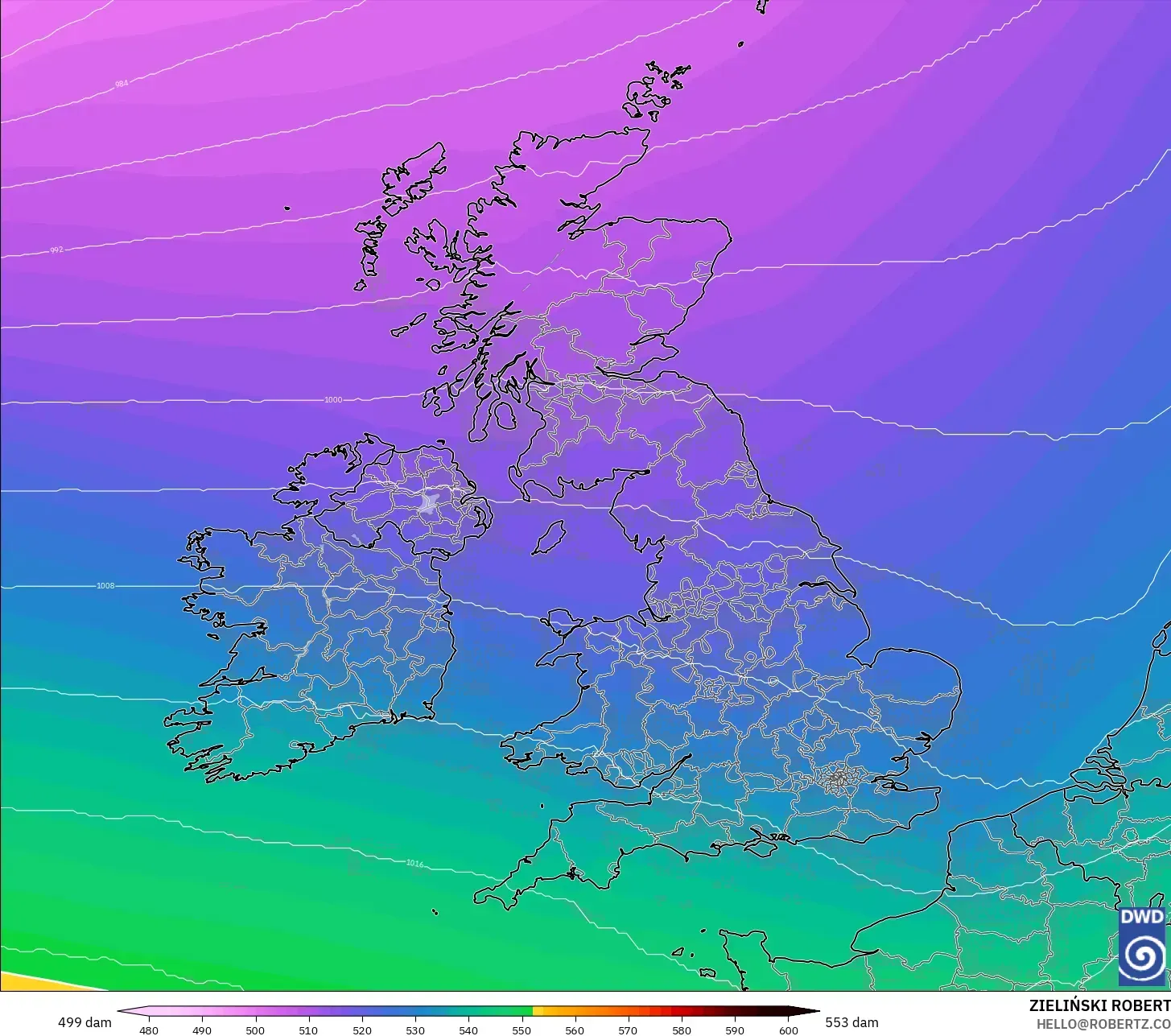 ICON modelo - Reino Unido, Altura geopotencial a 500 hPa