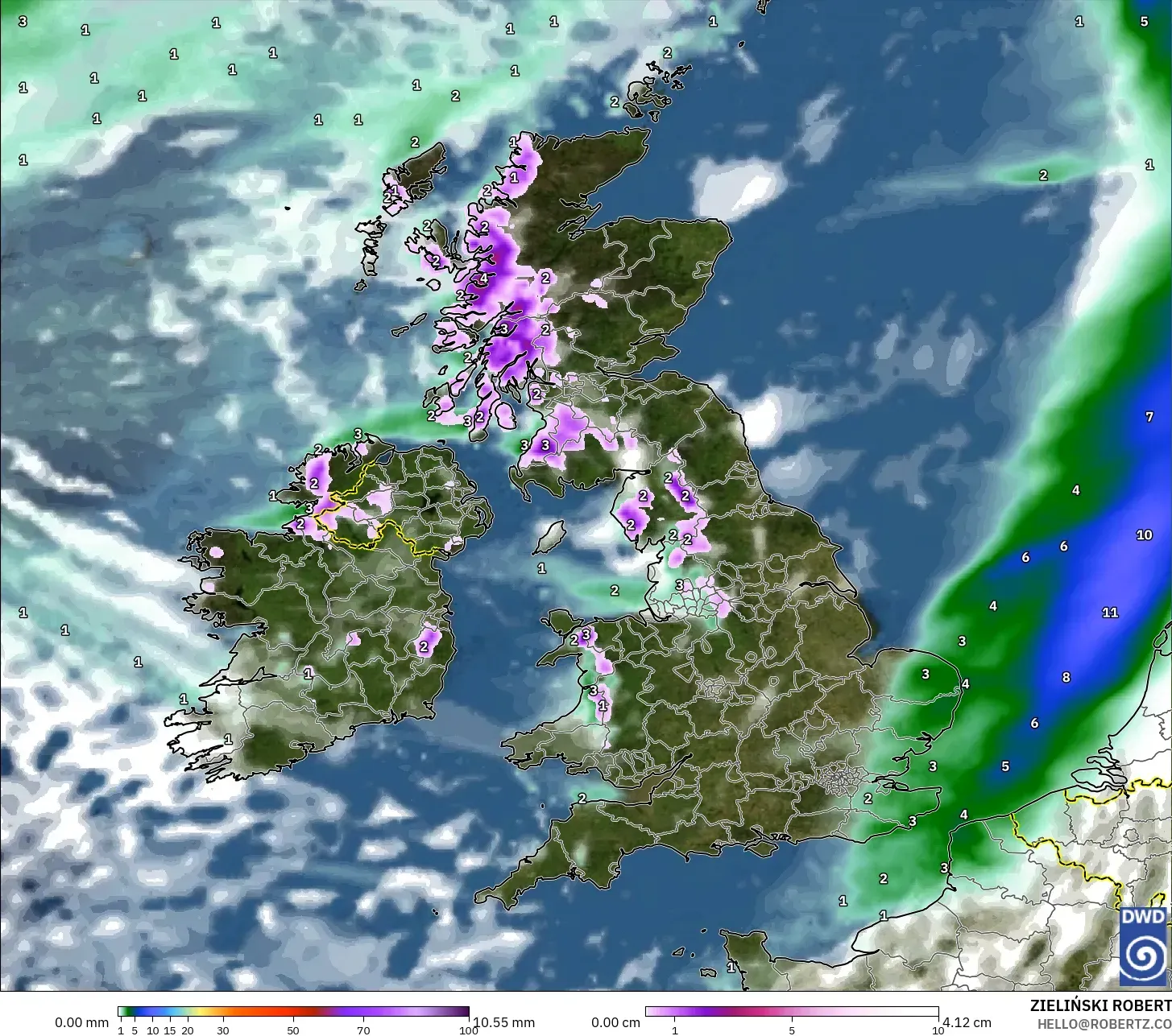 ICON modelo - Reino Unido, Precipitação, nuvens e pressão