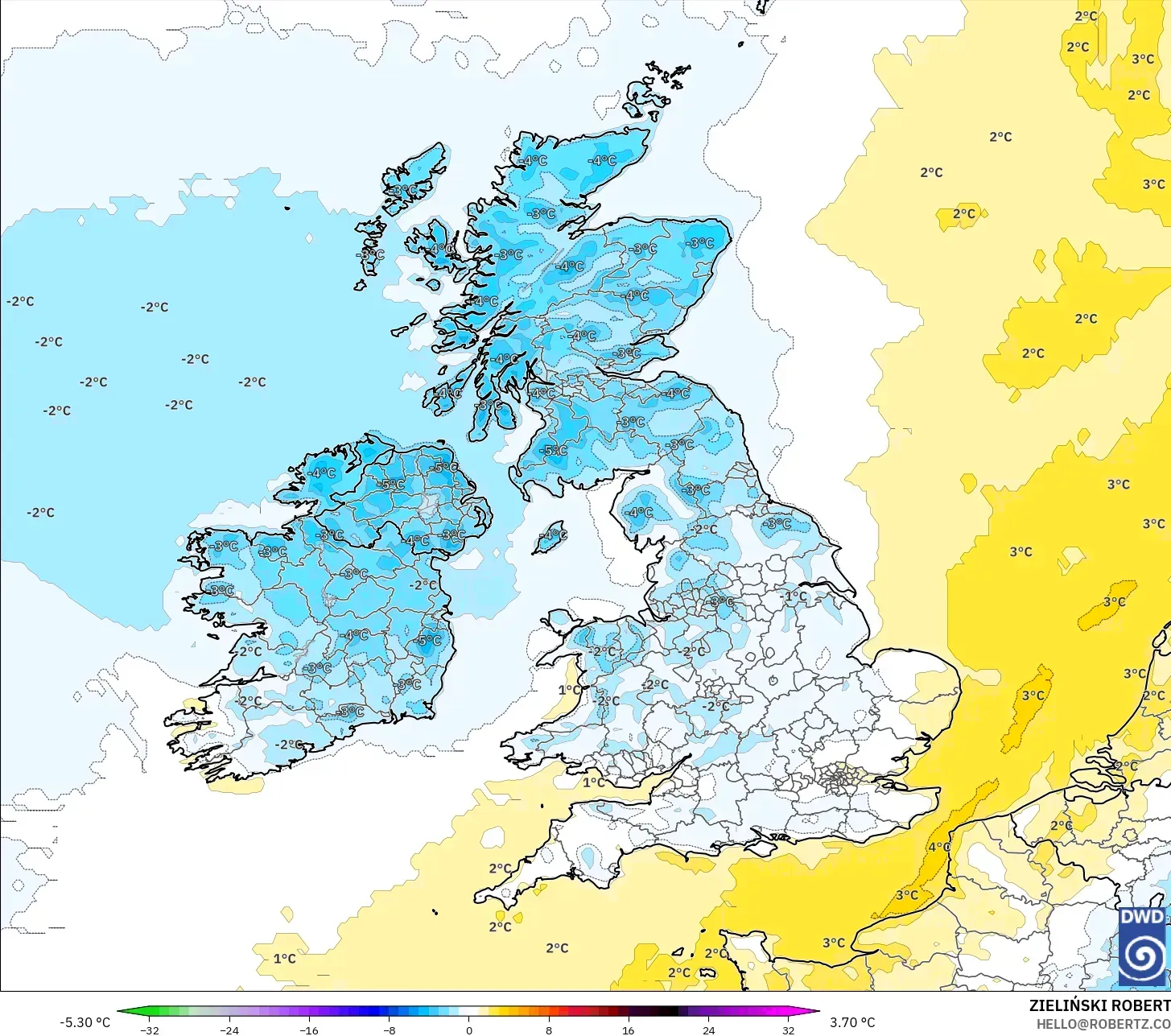 ICON modelo - Reino Unido, Anomalia de temperatura a 2 m