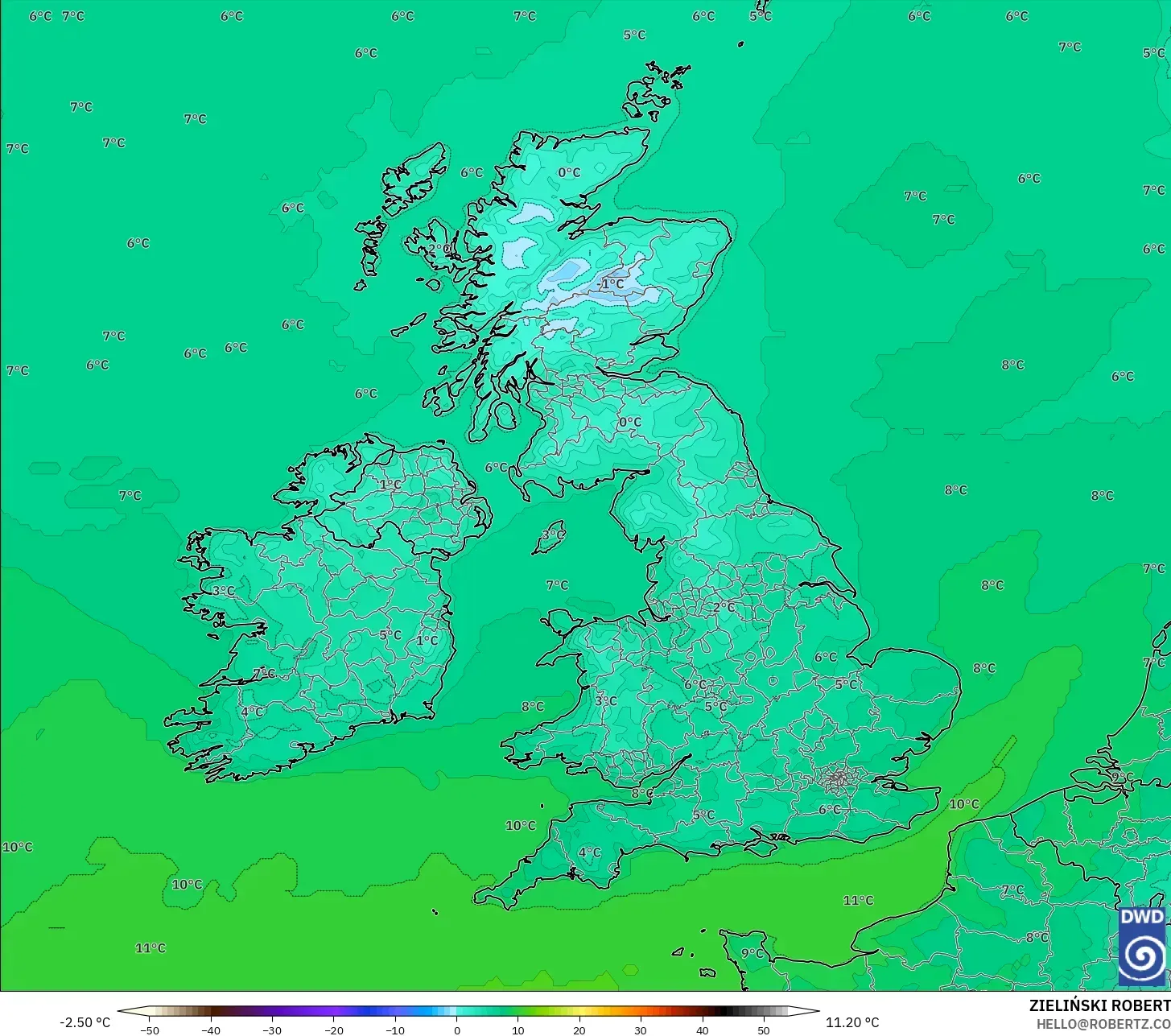ICON modelo - Reino Unido, Temperatura a 2 m