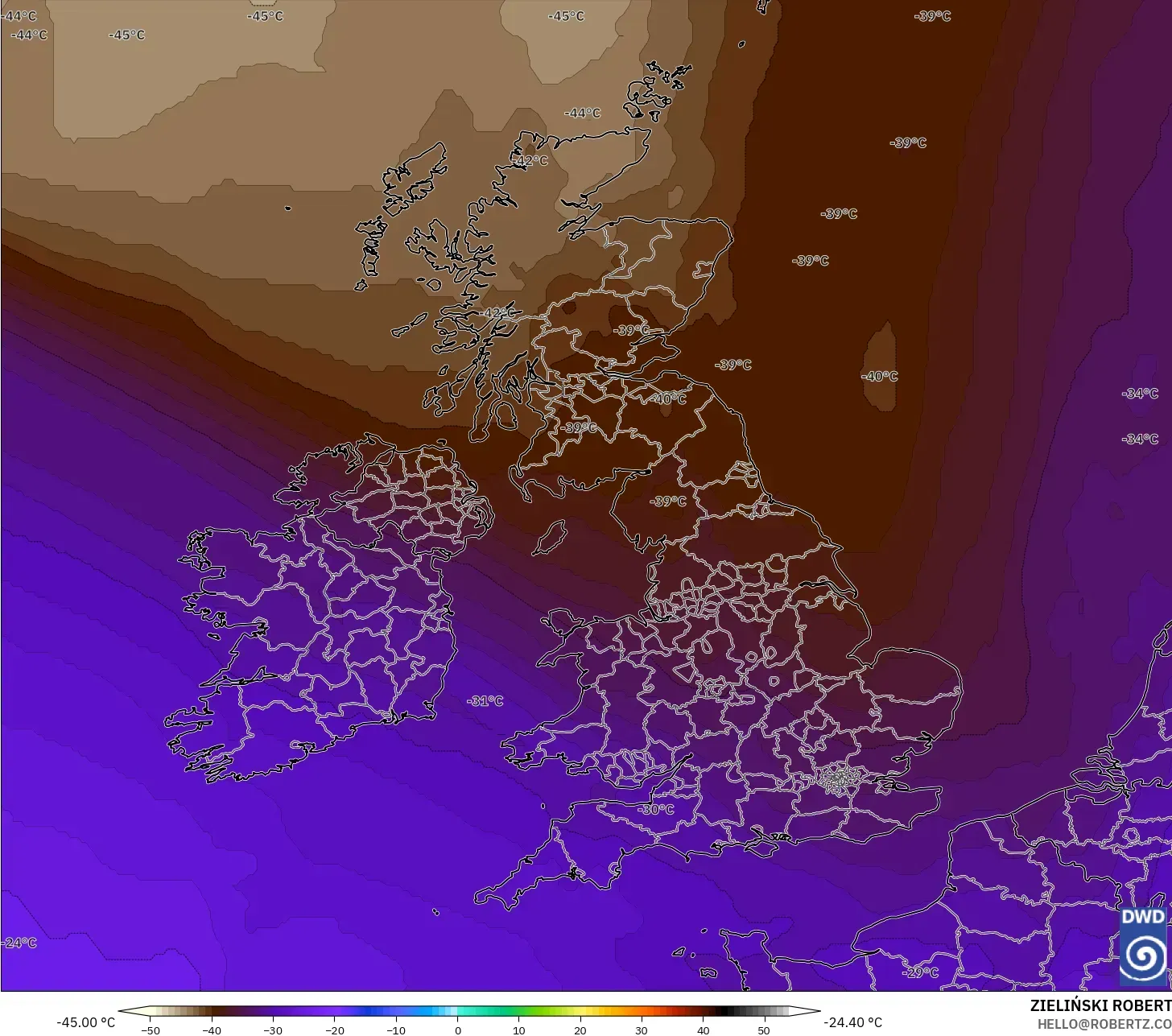 ICON modelo - Reino Unido, Temperatura a 500 hPa