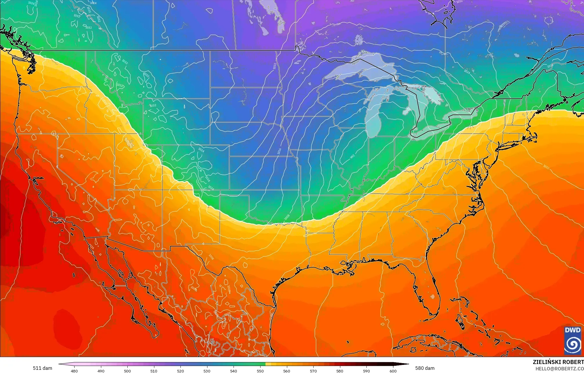 ICON modelo - Estados Unidos, Altura geopotencial a 500 hPa