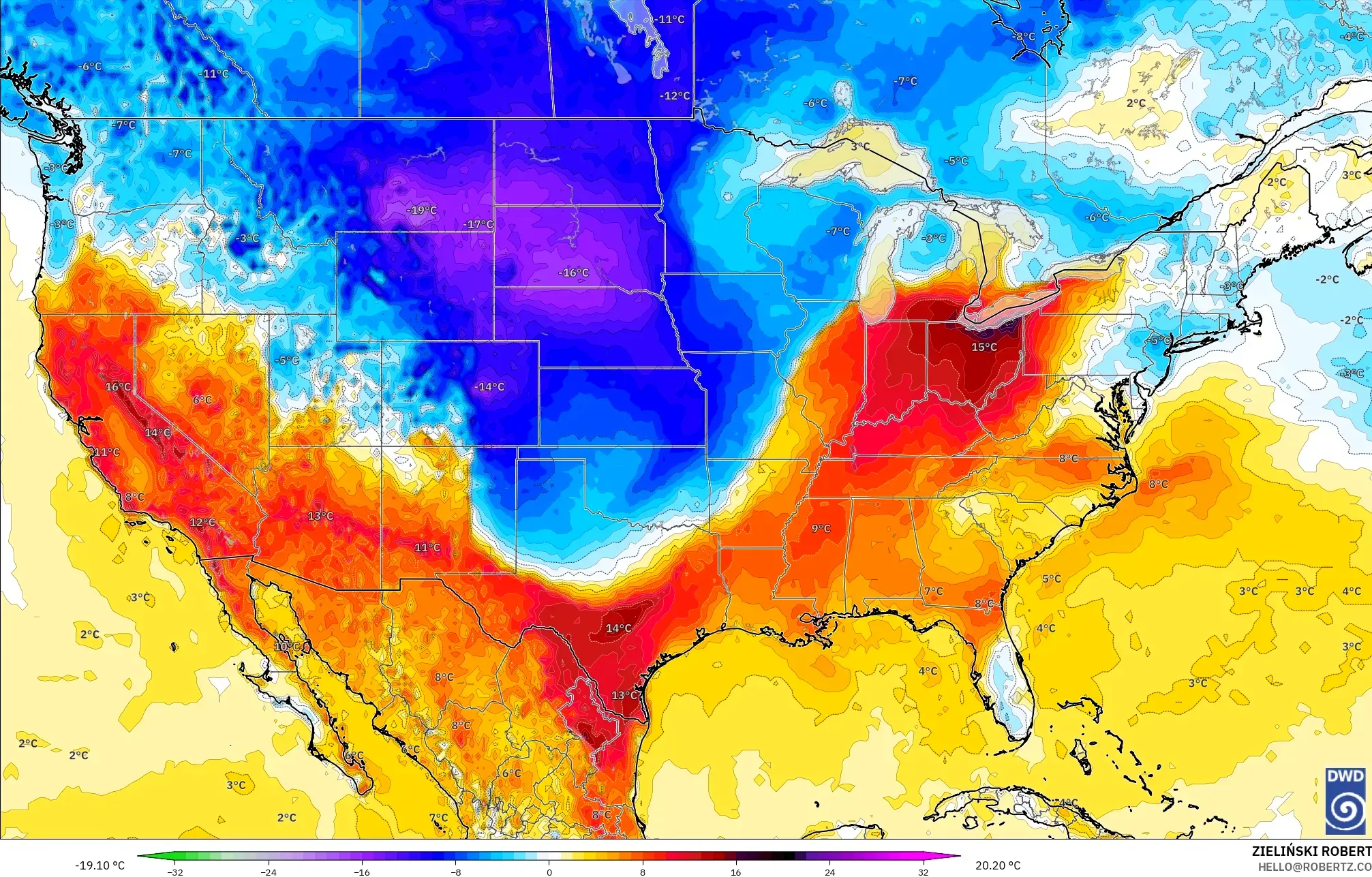 ICON modelo - Estados Unidos, Anomalia de temperatura a 2 m