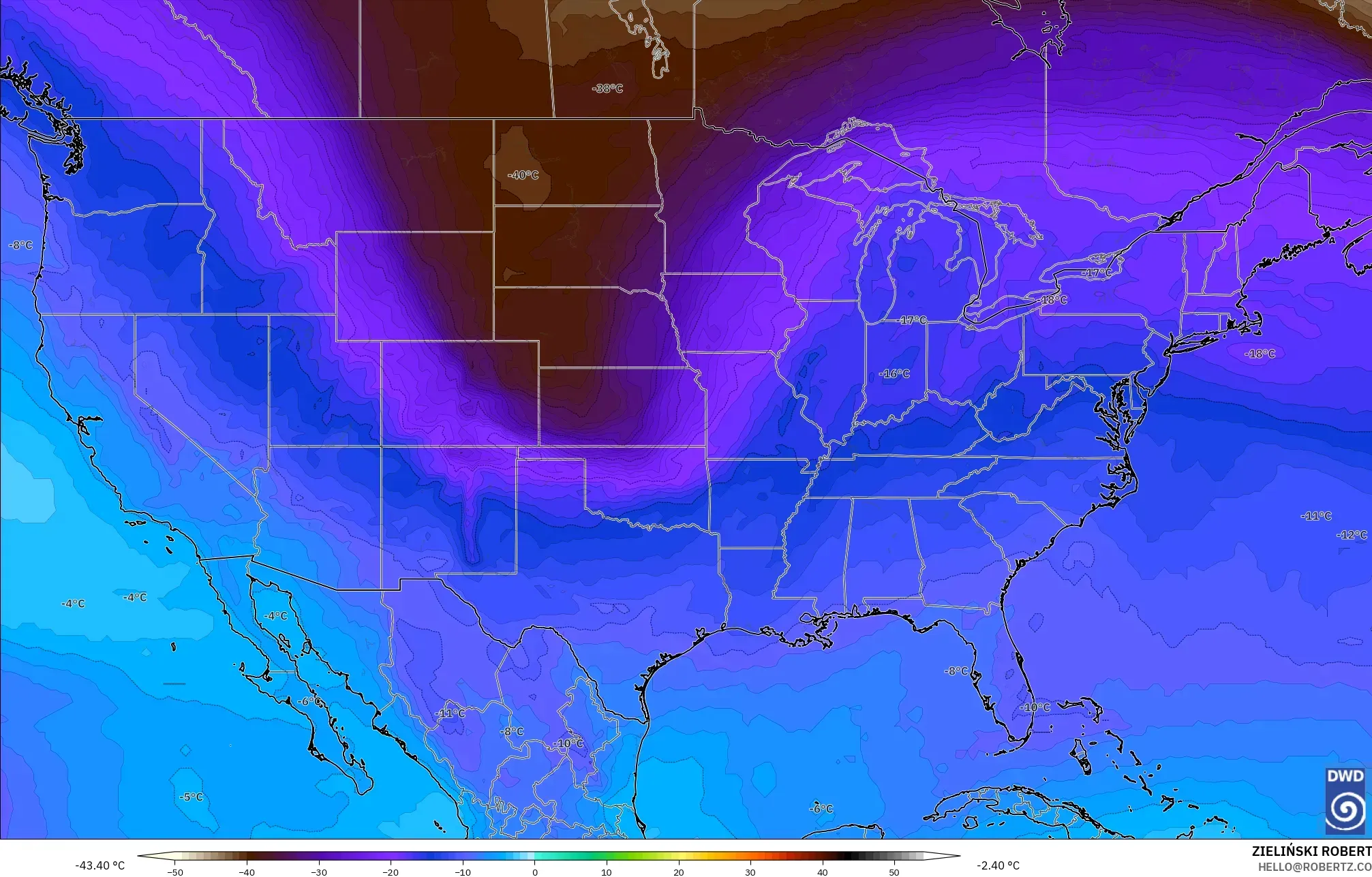 ICON modelo - Estados Unidos, Temperatura a 500 hPa