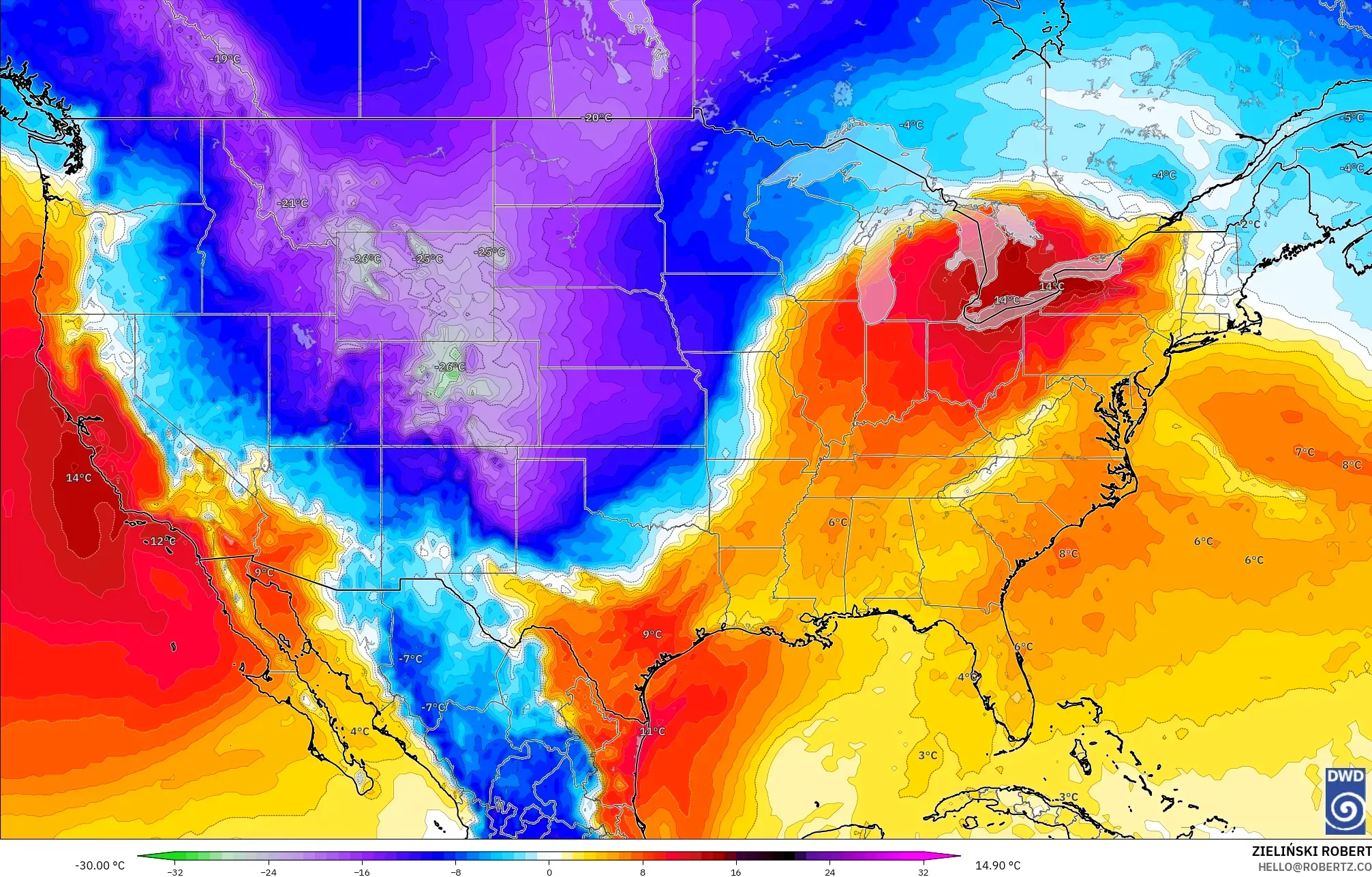 ICON modelo - Estados Unidos, Anomalia de temperatura a 850 hPa