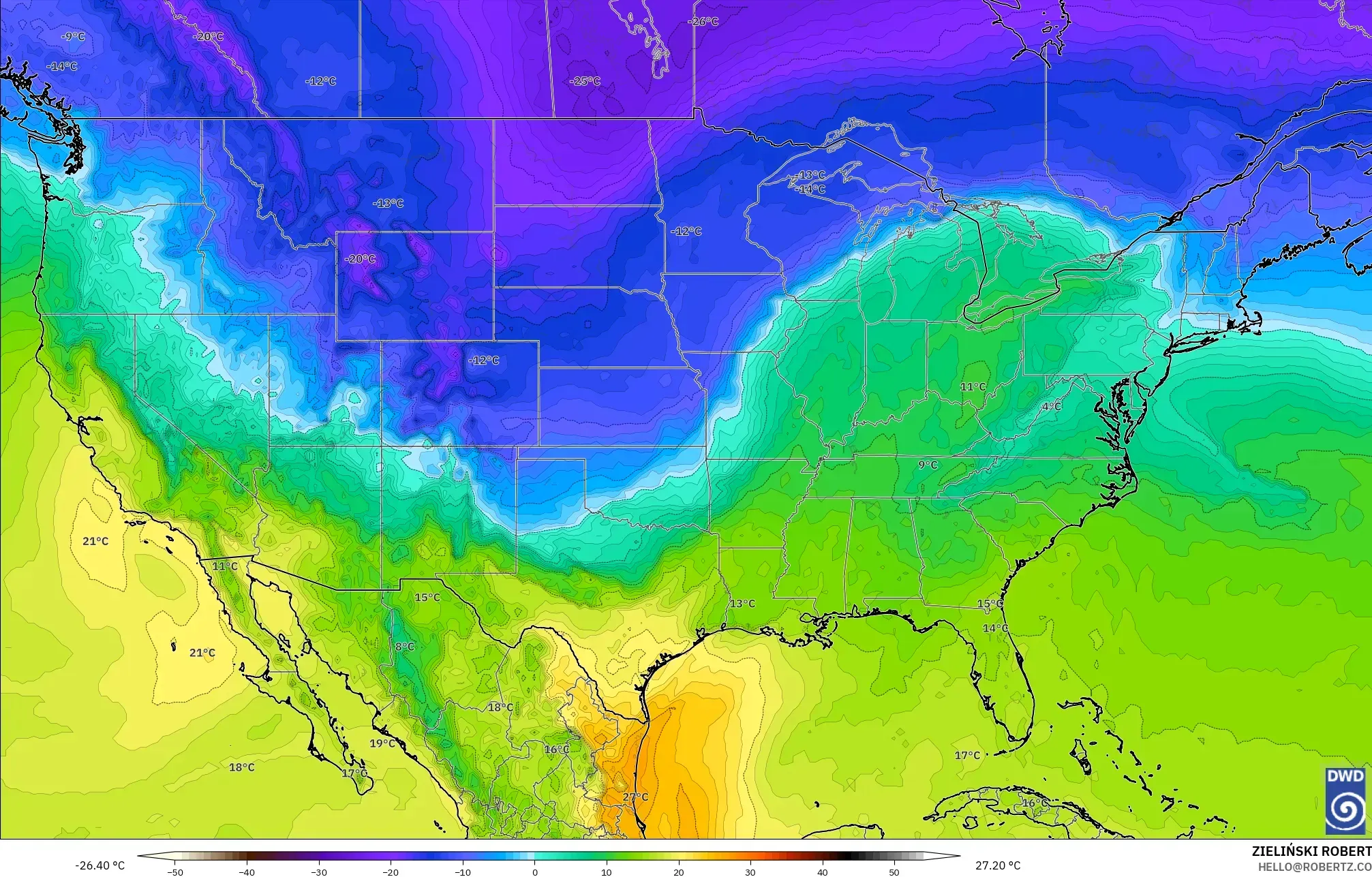 ICON modelo - Estados Unidos, Temperatura a 850 hPa