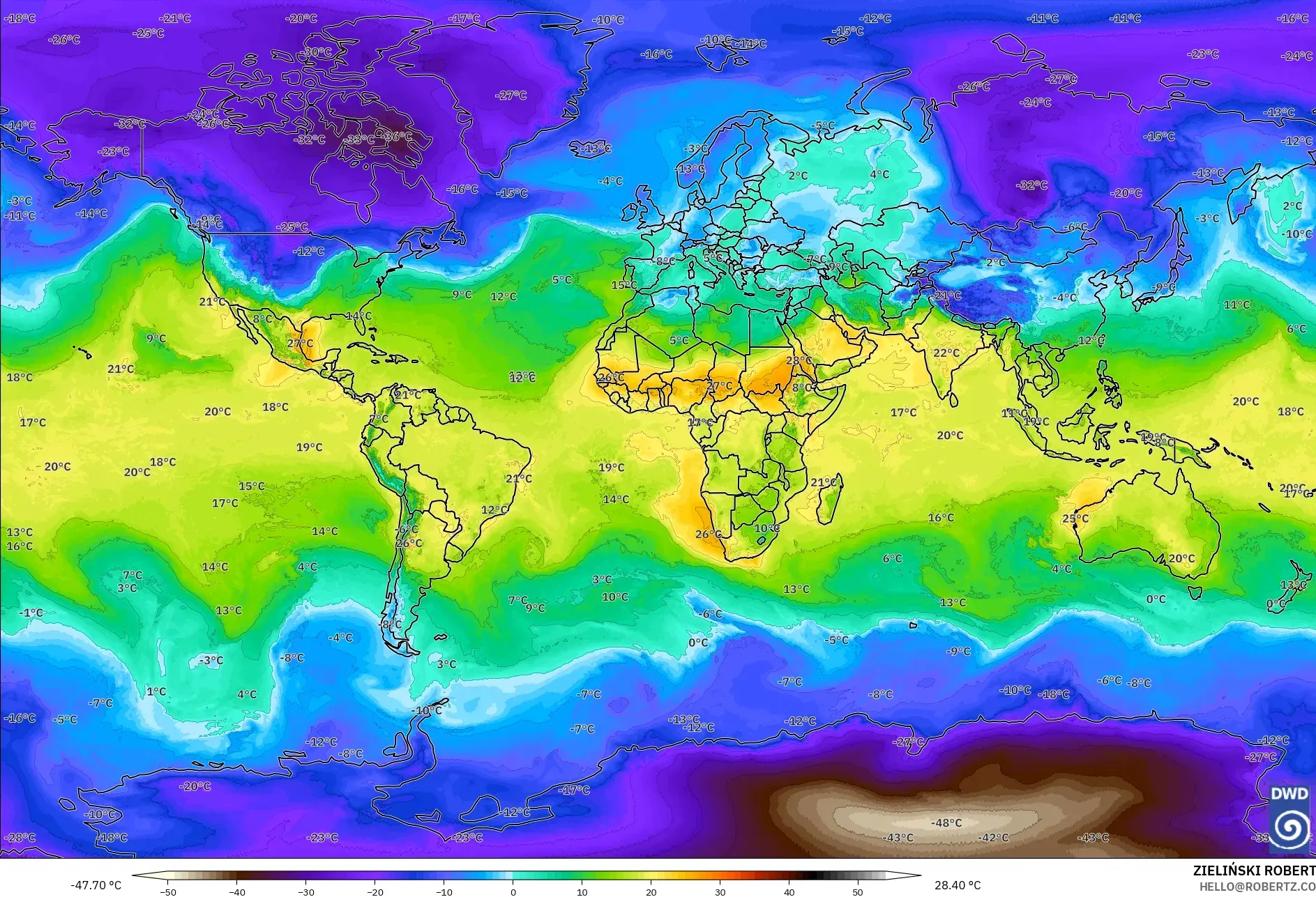 ICON modelo - Mundo, Temperatura a 850 hPa
