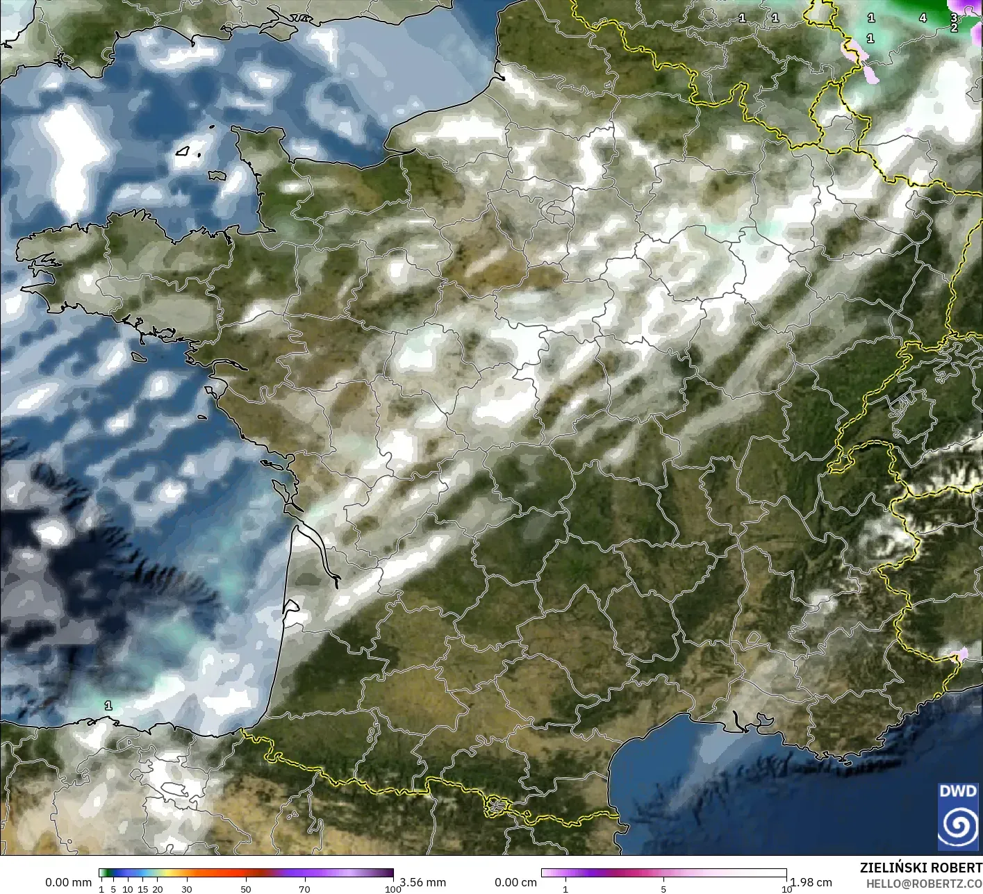 ICON modelo - França, Precipitação, nuvens e pressão