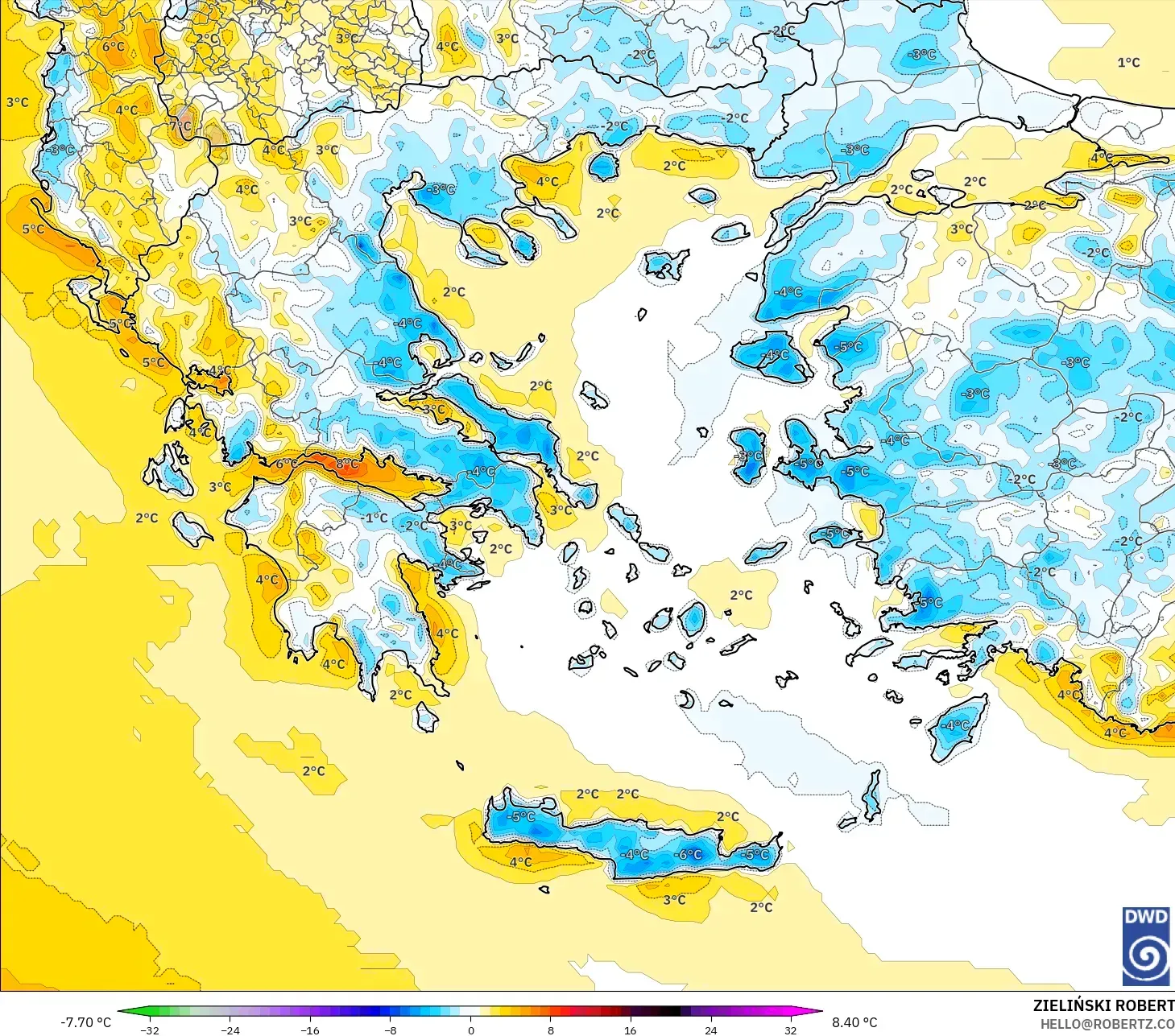 ICON modelo - Grécia, Anomalia de temperatura a 2 m