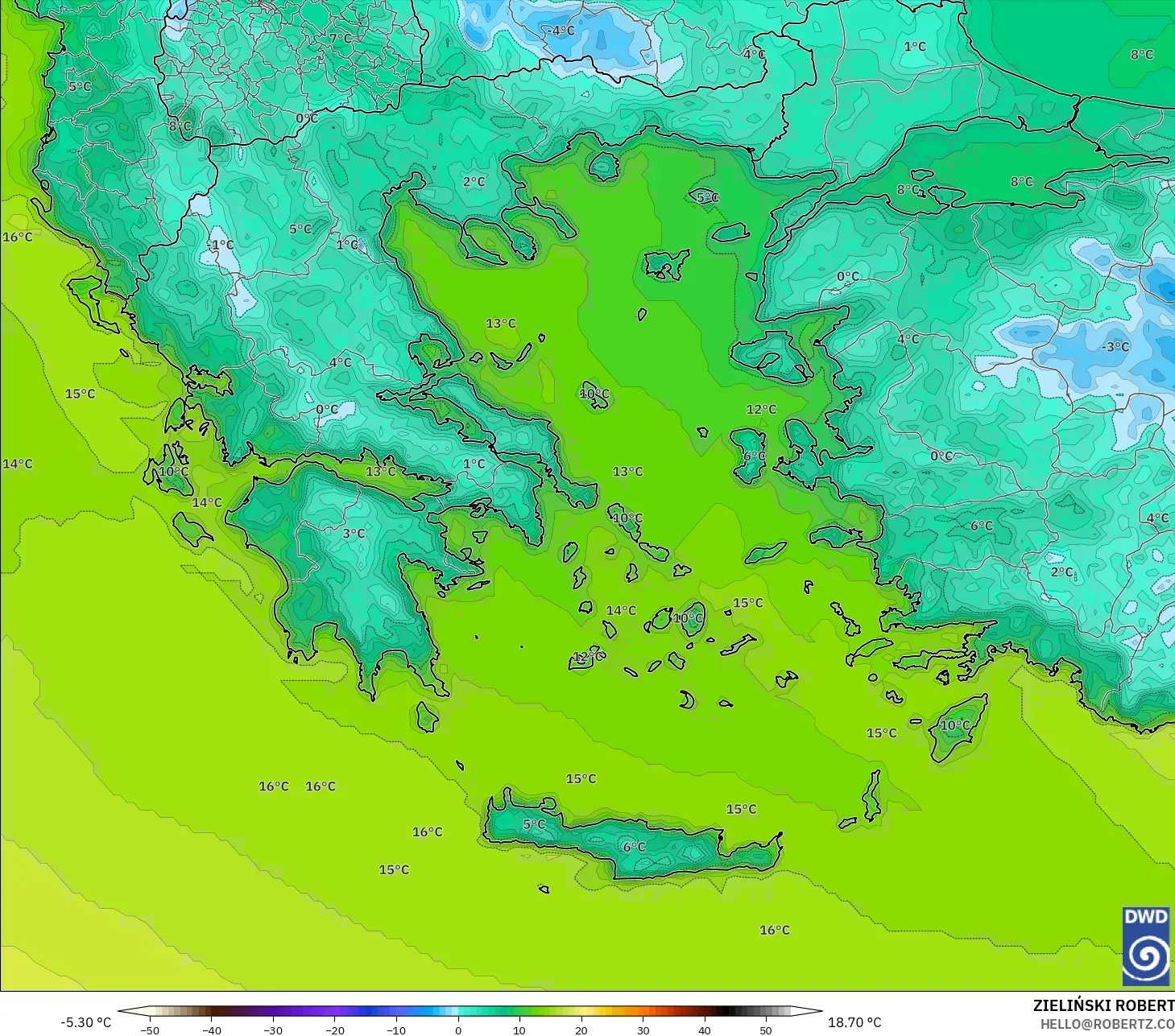 ICON modelo - Grécia, Temperatura a 2 m